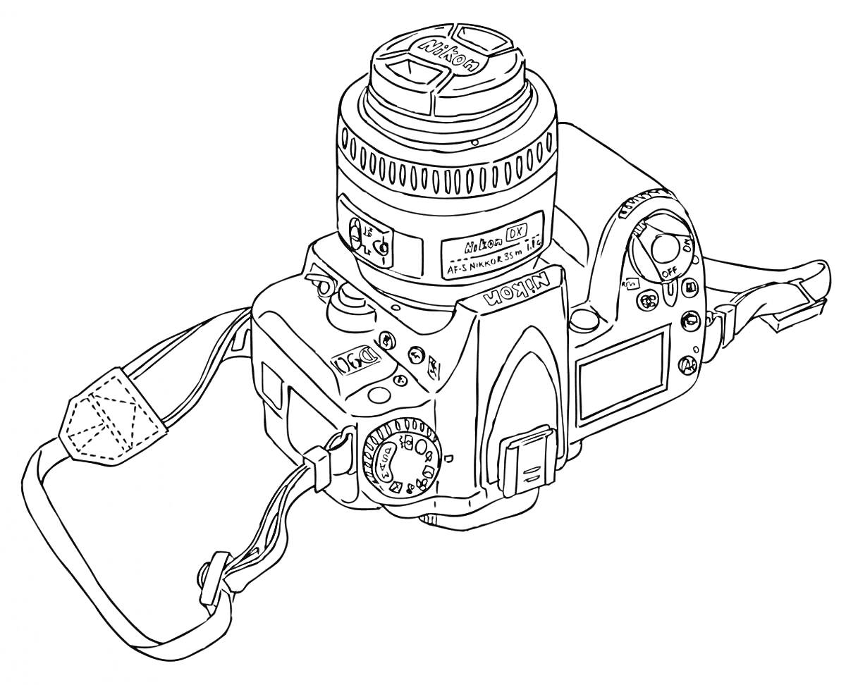 Раскраска Фотокамера с объективом и ремешком