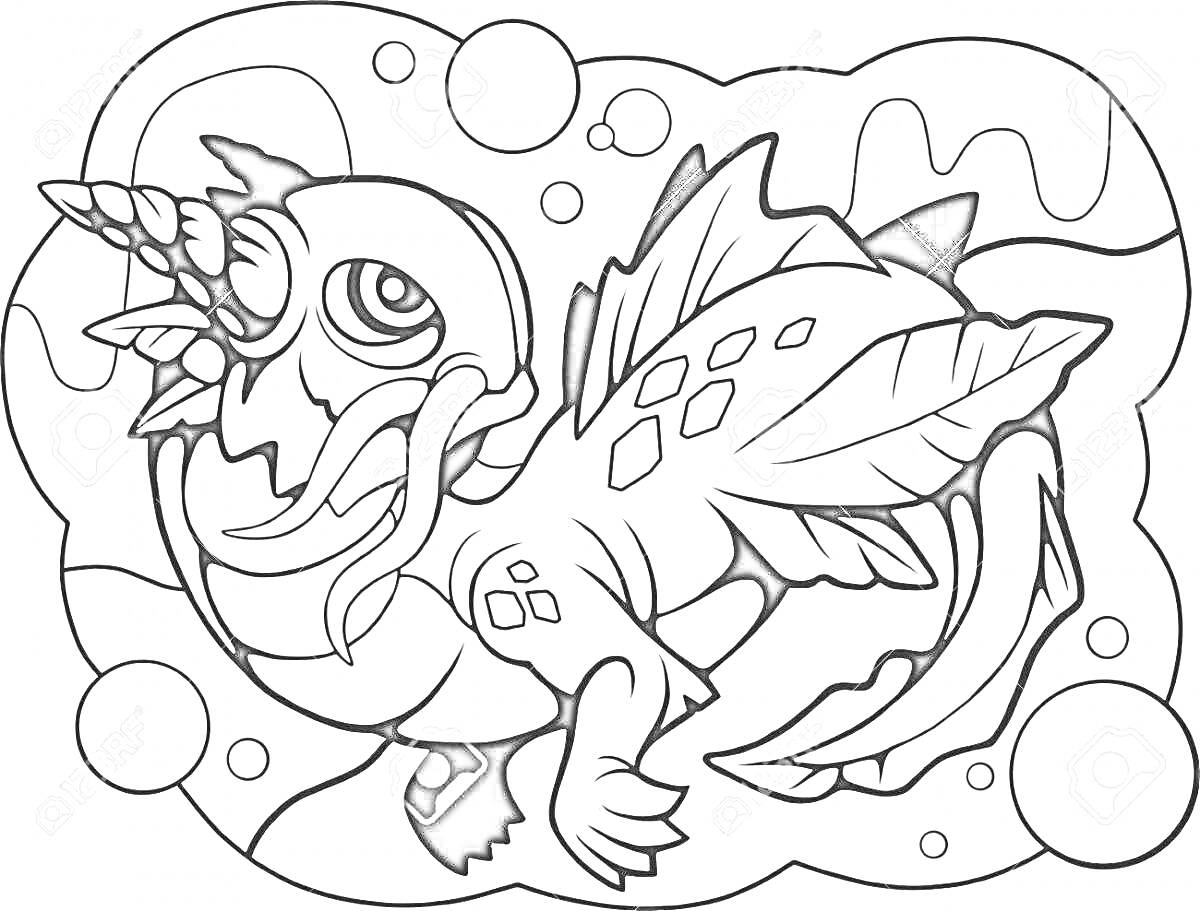 Раскраска Водный дракон с рогом, плавниками и пузырями