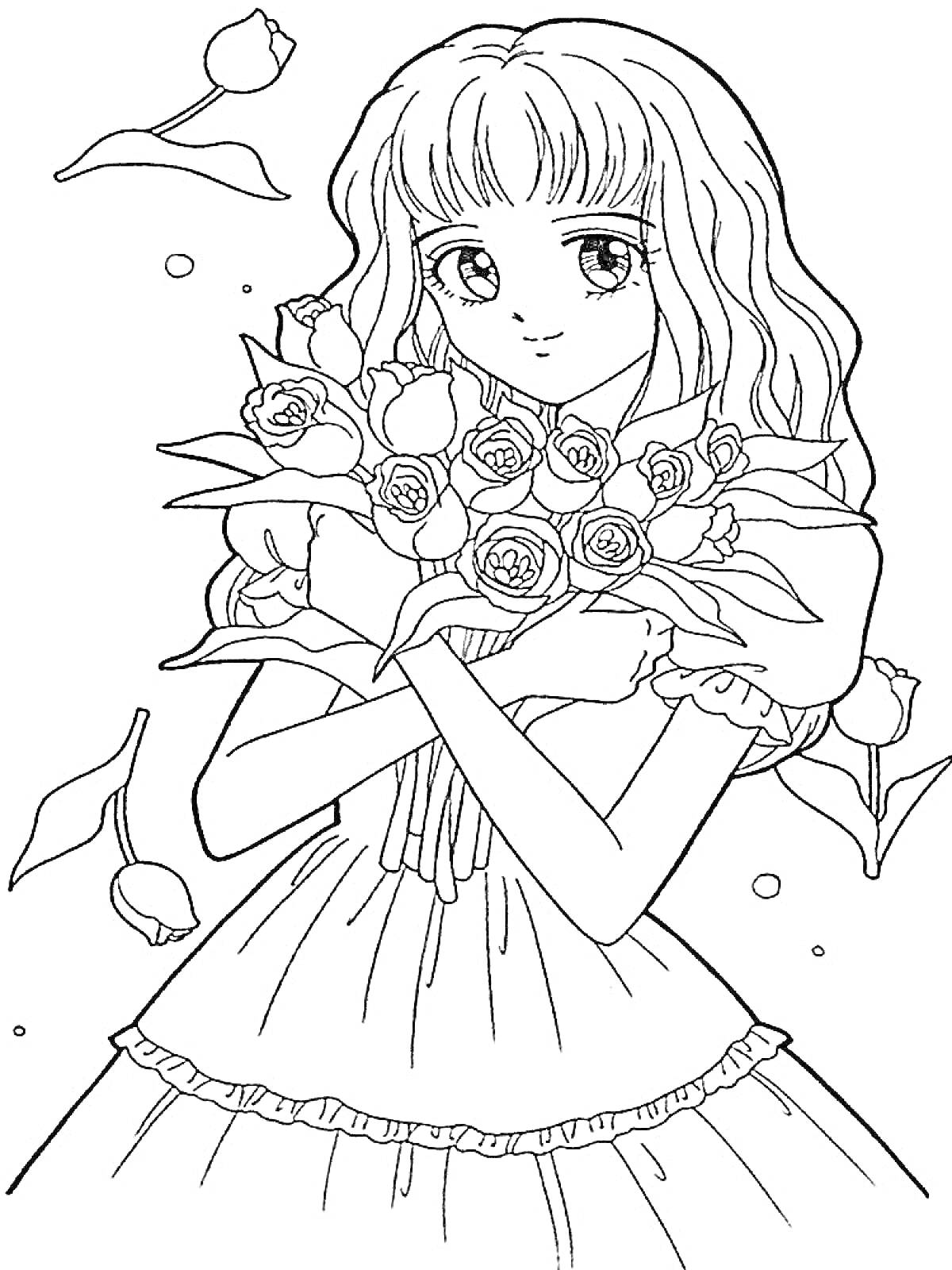 Девушка аниме с букетом роз в руках и летающими лепестками
