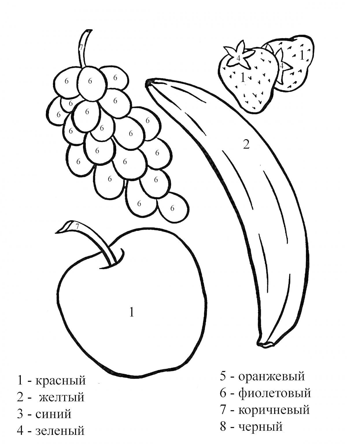 Раскраска яблоко, банан, виноград, клубника