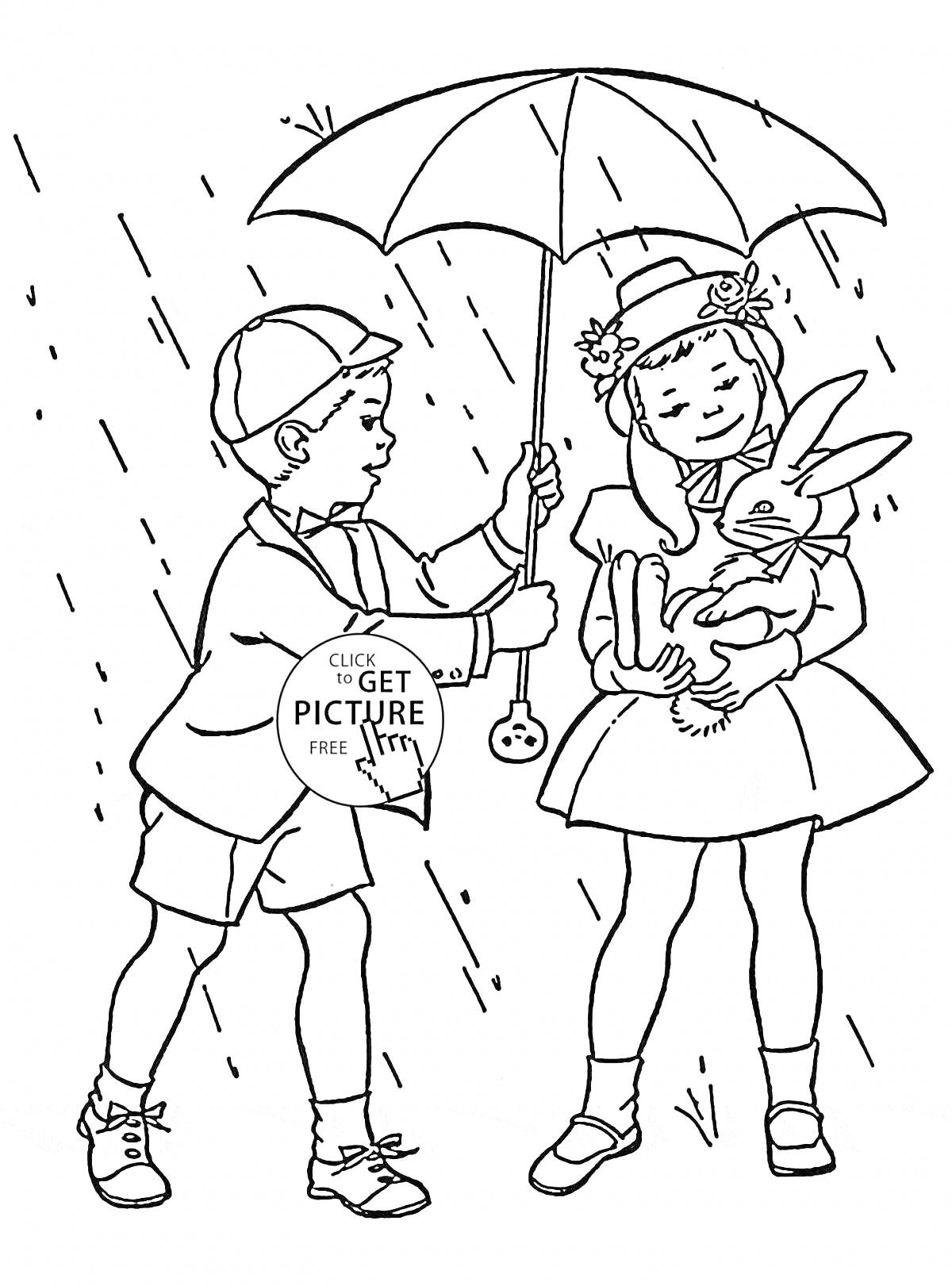 На раскраске изображено: Прогулка, Зонт, Дождь, Мальчик, Девочка, Кролик, Детство, Природа