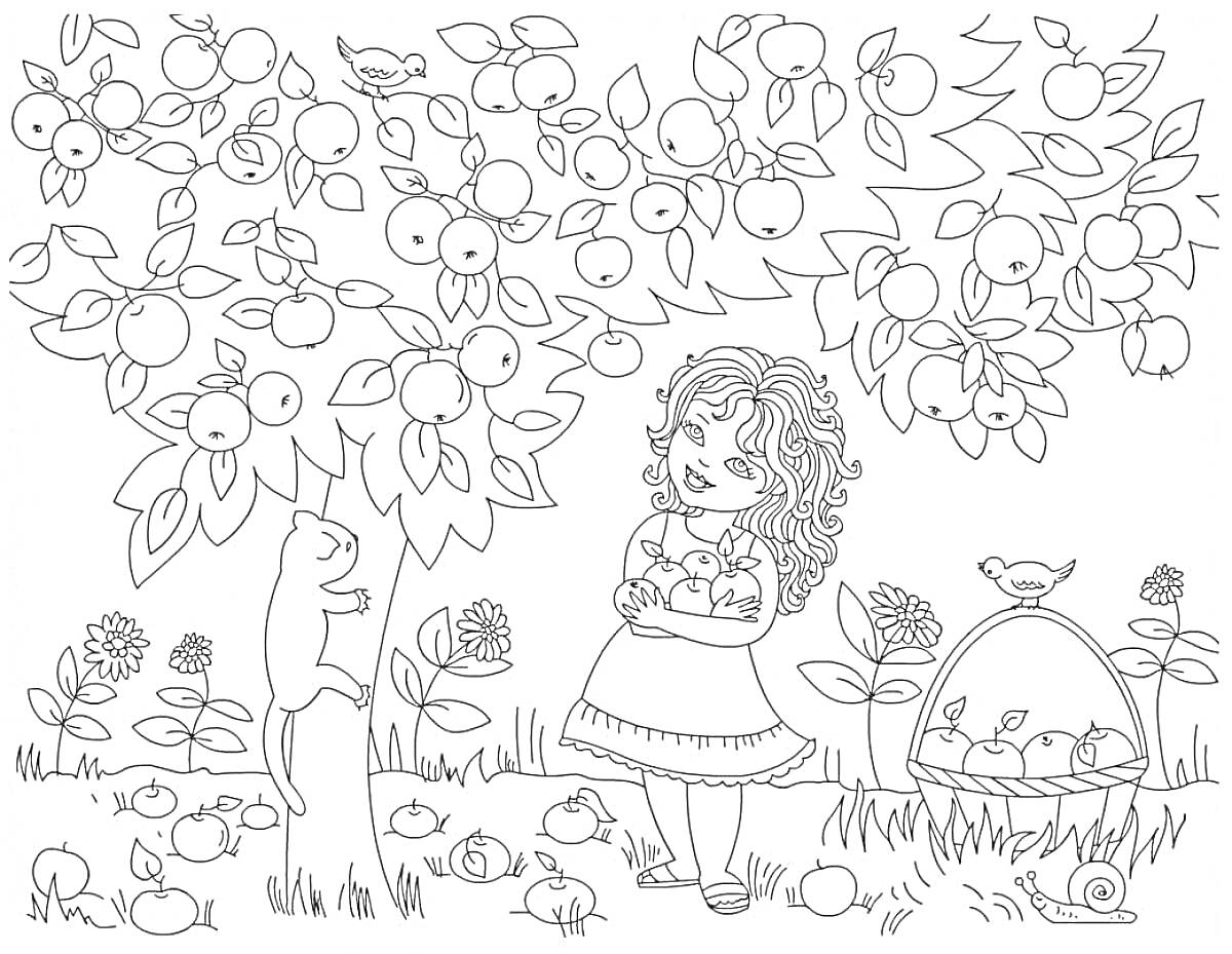 На раскраске изображено: Садик, Девочка, Яблоня, Деревья, Цветы, Трава, Лето