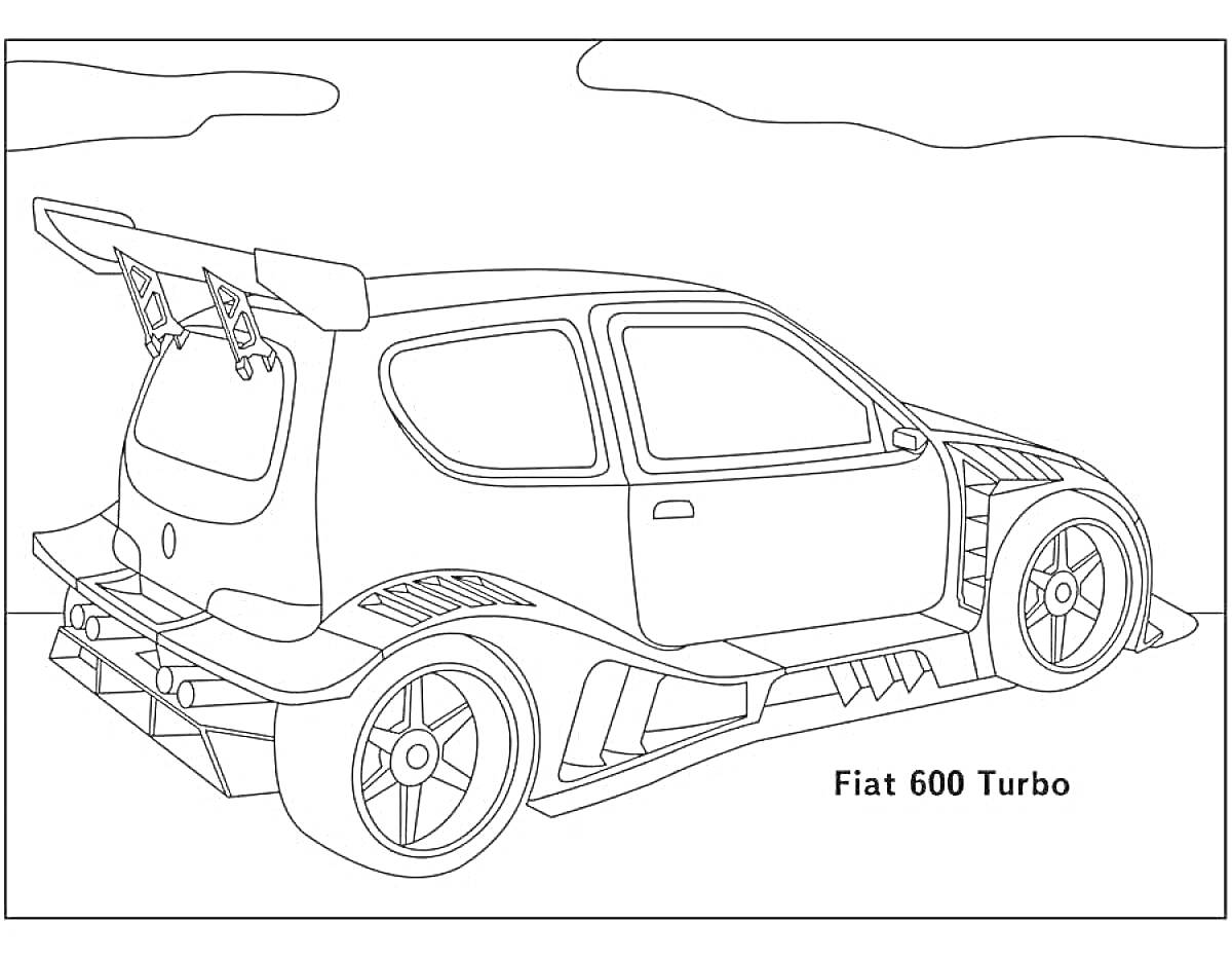 Раскраска Fiat 600 Turbo с большими задними антикрыльями и аэродинамическим обвесом, на фоне холмов