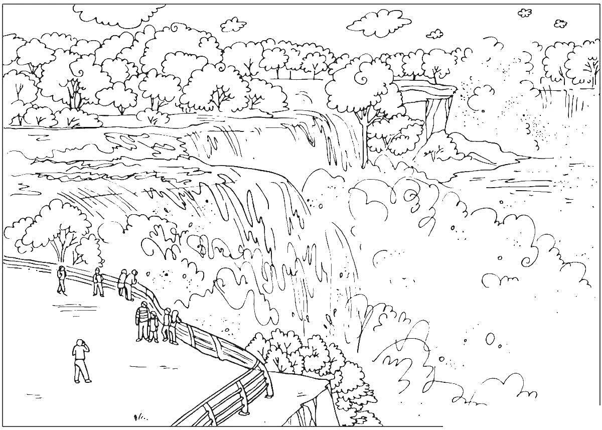 На раскраске изображено: Водопад, Деревья, Забор, Облака, Природа, Лес