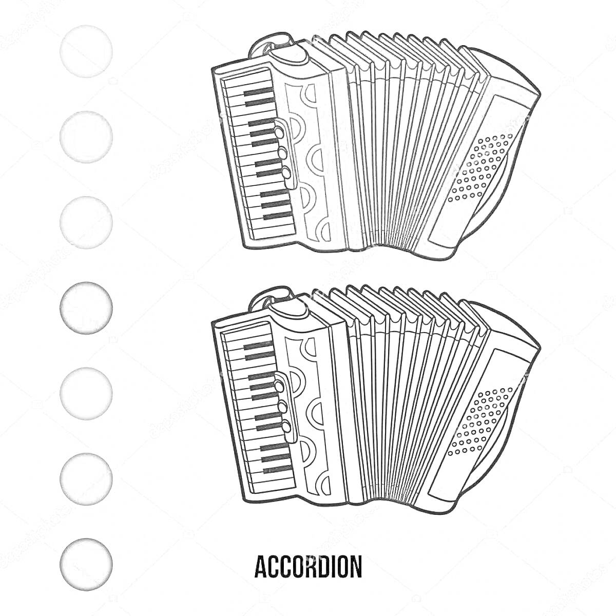 На раскраске изображено: Баян, Инструмент, Для детей, Музыка, Аккордеон, Музыкальные инструменты