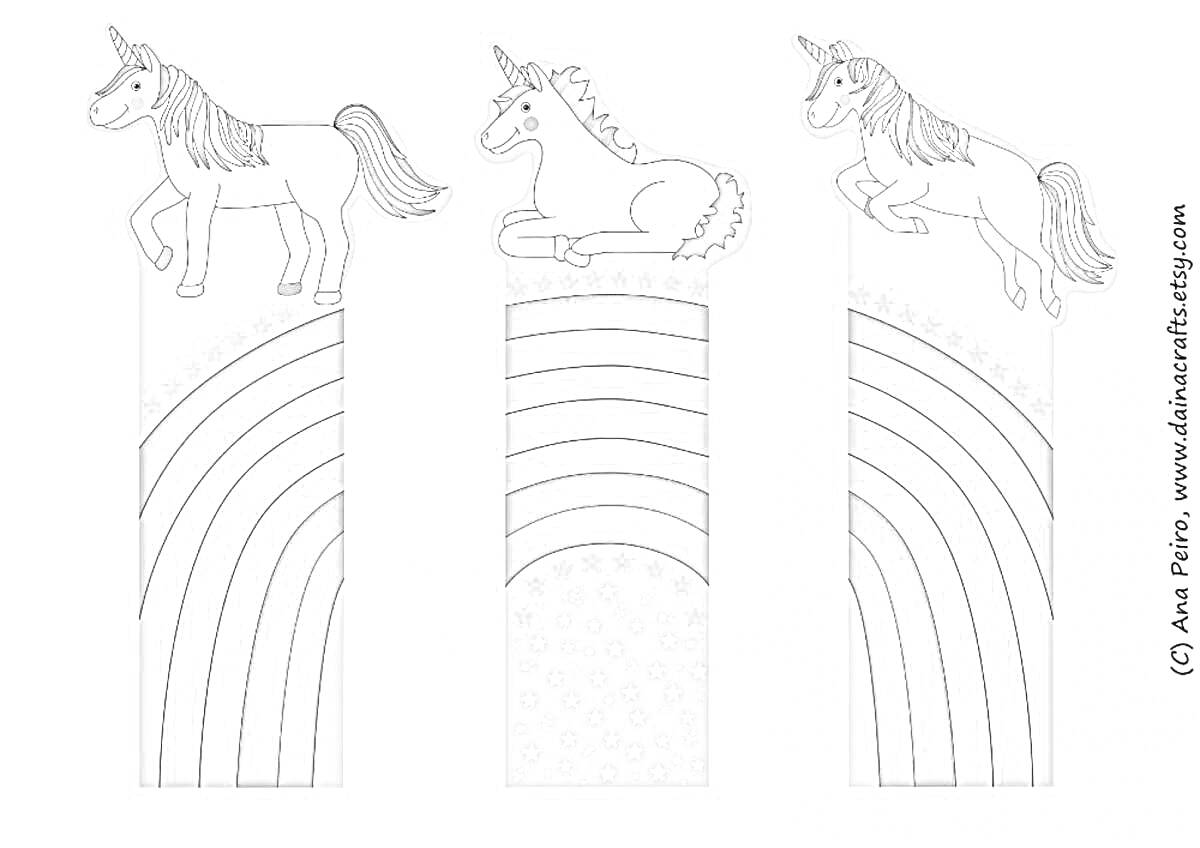 Раскраска Единороги на радужных книжных закладках