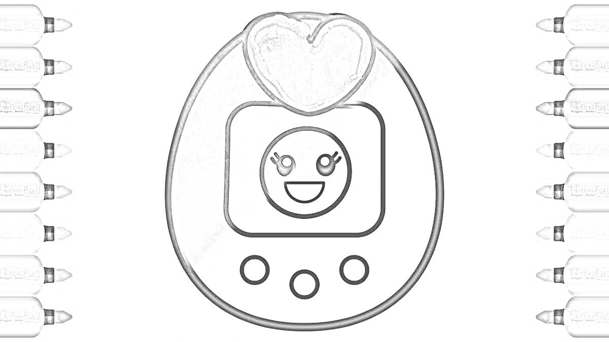 Раскраска Тамагочи с сердцем и тремя кнопками