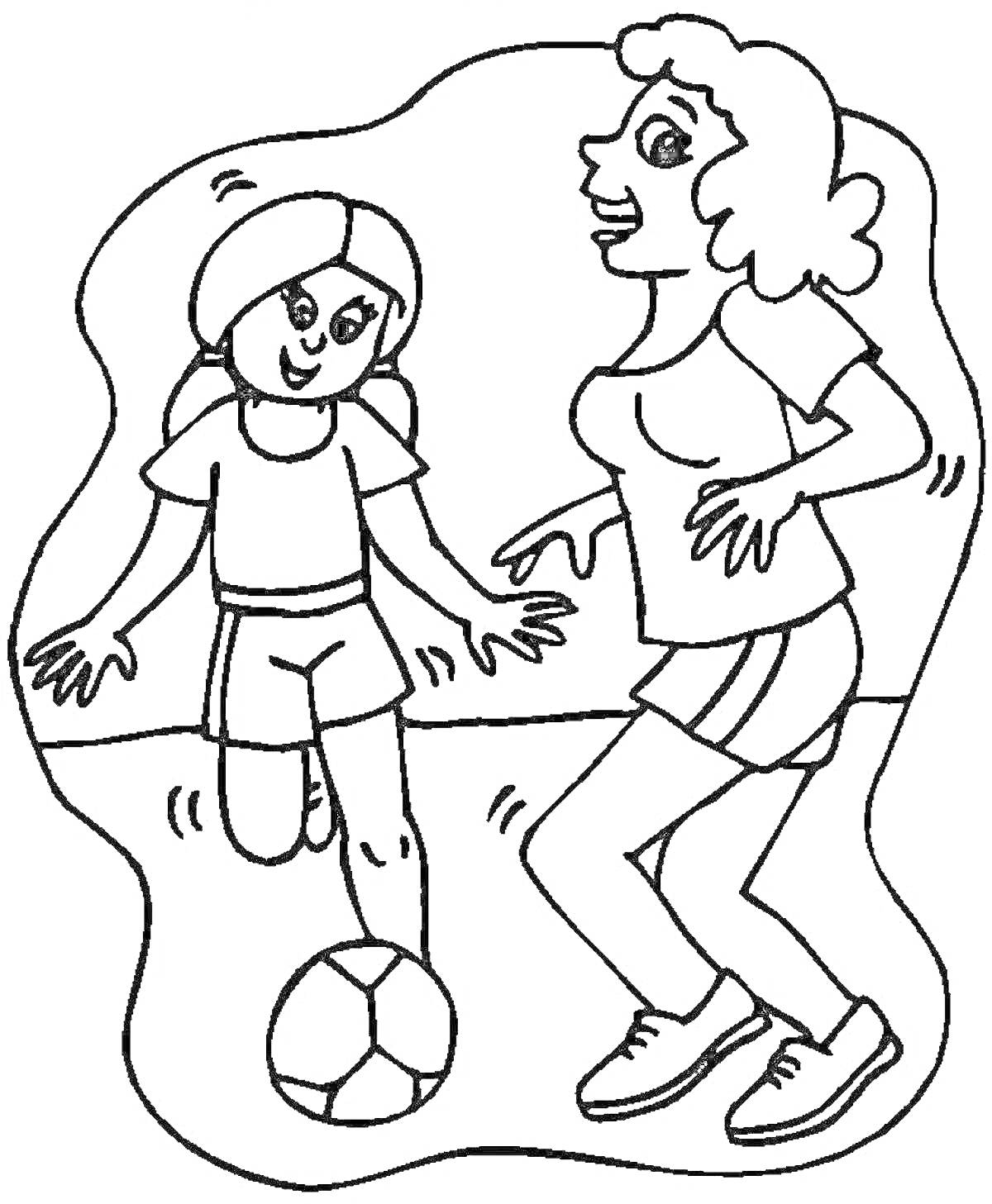 Раскраска Мама и дочь играют в футбол