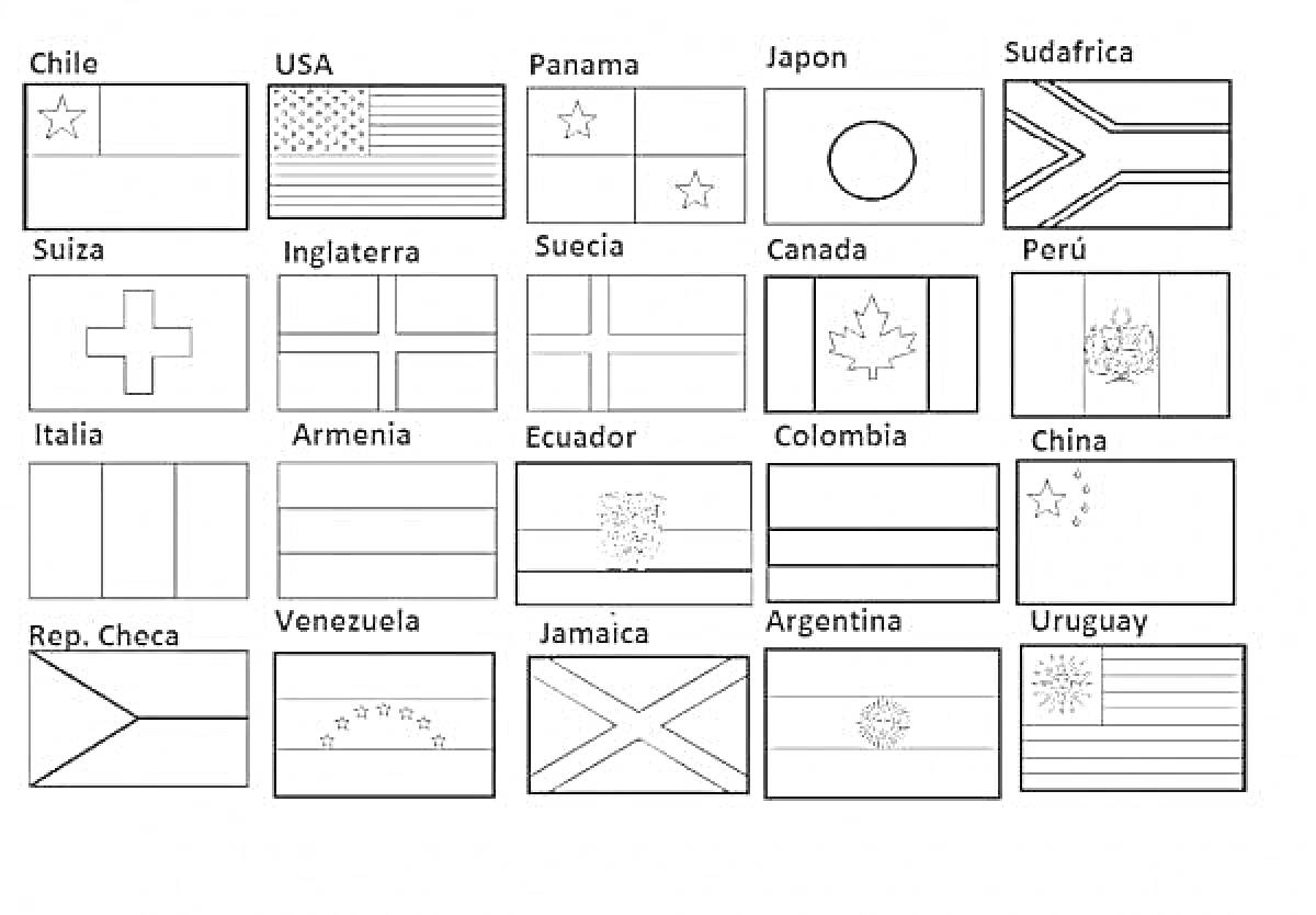 На раскраске изображено: Чили, США, Панама, Япония, ЮАР, Англия, Швеция, Канада, Италия, Армения, Эквадор, Китай, Чехия, Аргентина, Карта мира, География
