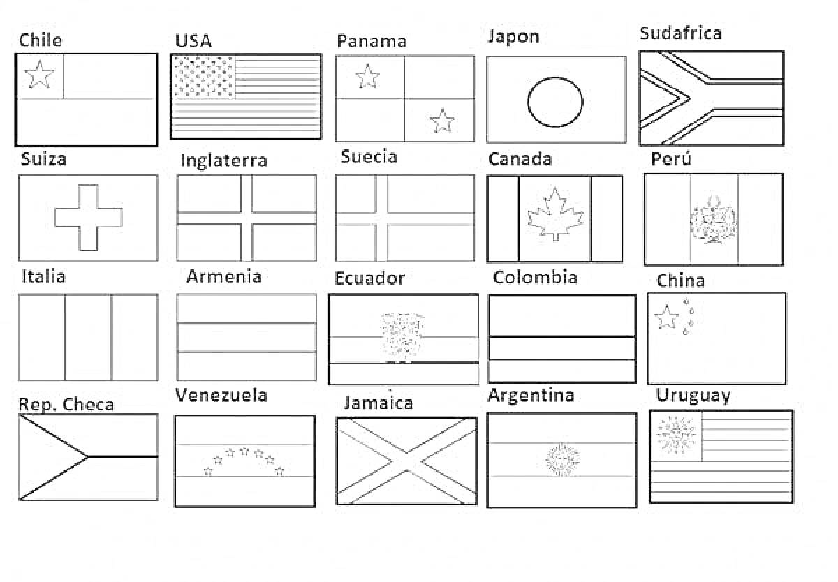 Раскраска с флагами стран. На изображении есть флаги следующих стран: Чили, США, Панама, Япония, ЮАР, Швейцария, Англия, Швеция, Канада, Перу, Италия, Армения, Эквадор, Колумбия, Китай, Чехия, Венесуэла, Ямайка, Аргентина, Уругвай.