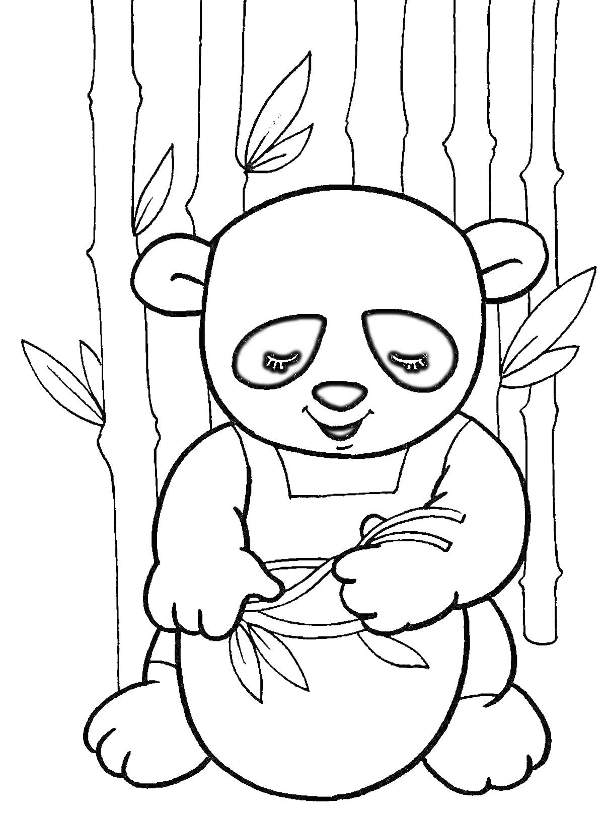 Раскраска Панда, сидящая с банкой и держащая бамбуковые ветки, на фоне бамбукового леса