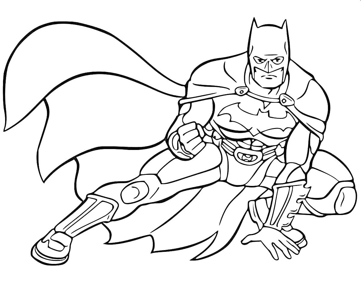 Раскраска Бэтмен в боевой позе со сжатым кулаком и развевающимся плащом