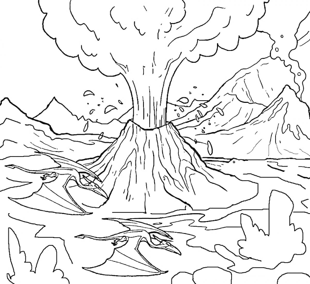 На раскраске изображено: Природа, Вулкан, Извержение, Горы, Облака, Пейзаж, Доисторическая эпоха