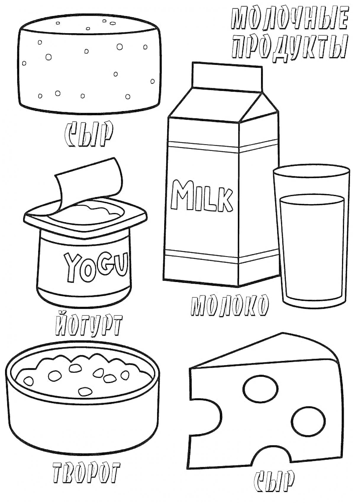 Раскраска Раскраска с изображением молочных продуктов: сыр, йогурт, молоко, творог