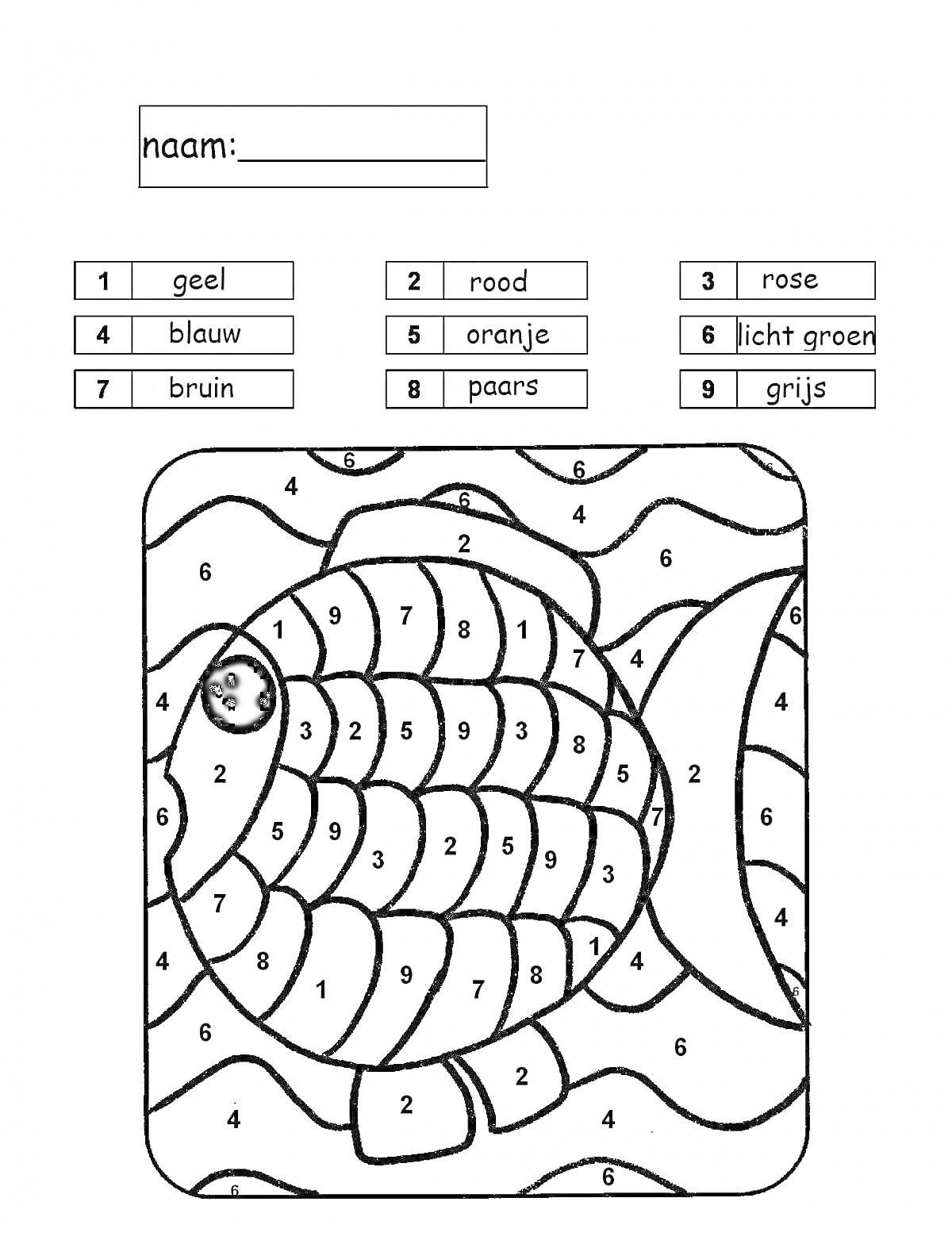 Раскраска по номерам - рыба. Включает в себя рыбу с секциями, помеченными номерами для раскрашивания, и таблицу цветов с соответствующими номерами.