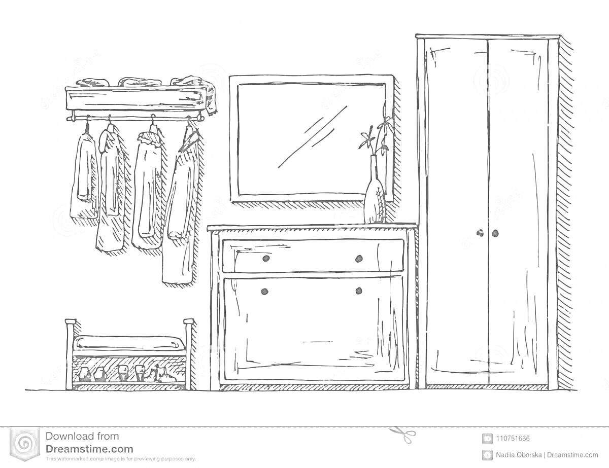На раскраске изображено: Прихожая, Вешалка, Зеркало, Тумба, Шкаф, Интерьер, Мебель