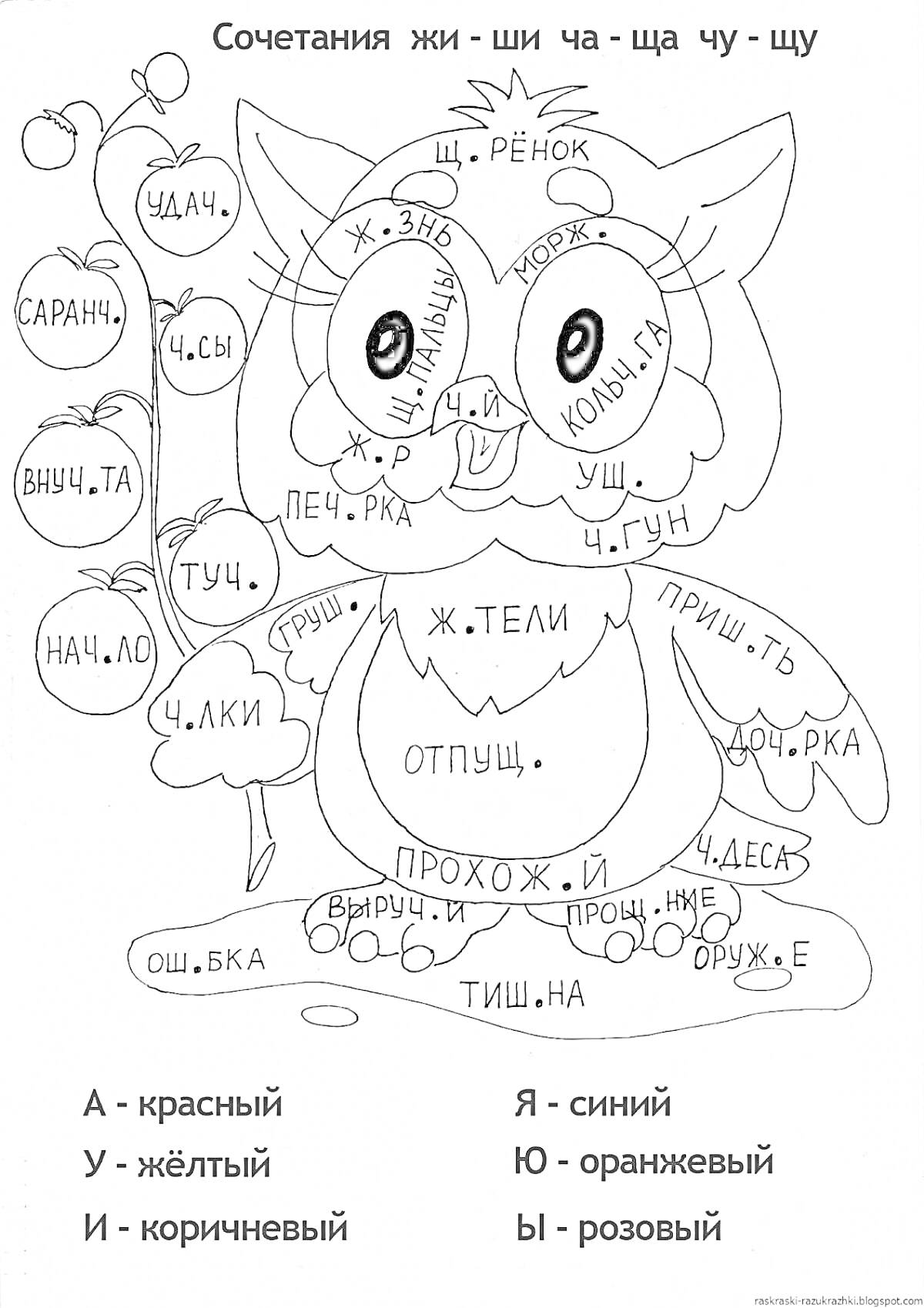 Раскраска Совушка с буквосочетаниями жи-ши ча-ща чу-щу и шарики с парными согласными, задания по цветам