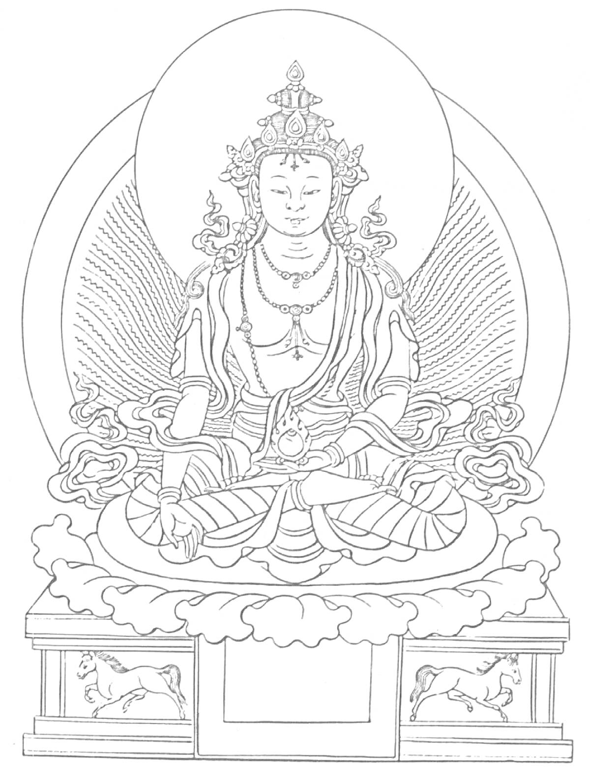 На раскраске изображено: Будда, Поза лотоса, Пьедестал, Животные, Мандала, Медитация, Духовность