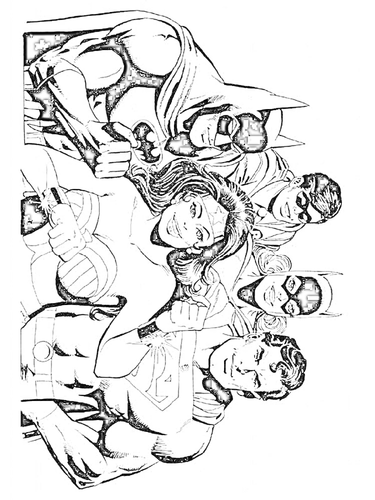 Раскраска Члены Лиги Справедливости - Бэтмен, Чудо-женщина, Флэш, Бэтгёрл и Супермен