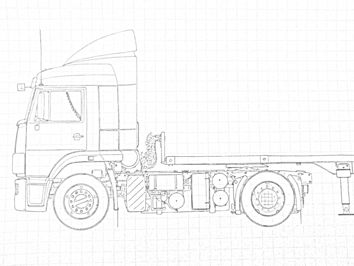 Раскраска Камаз с прицепом, вид сбоку, элементы: кабина, колеса, шасси, прицепное устройство
