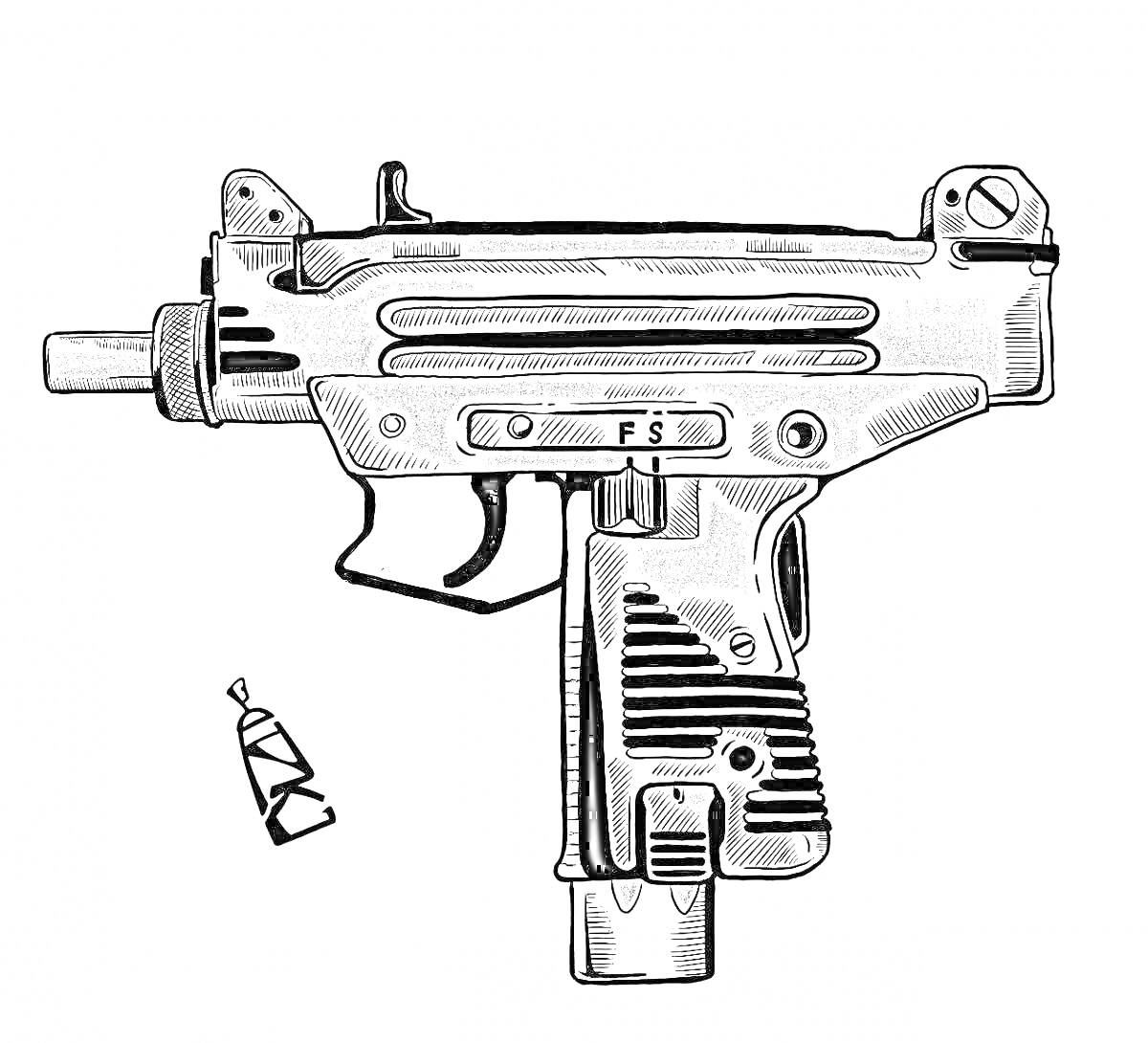 На раскраске изображено: Узи, Пистолет-пулемет, Оружие, Обойма