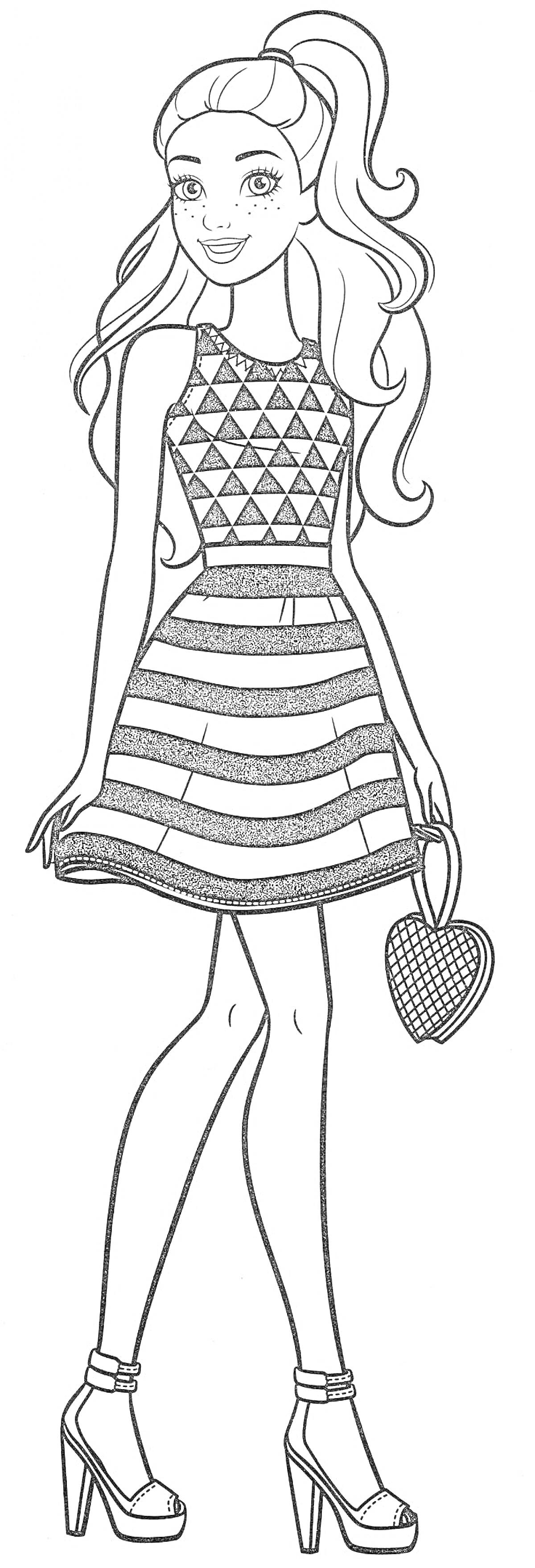 Раскраска Девушка в клетчатом платье, держит сумочку-сердце, на каблуках, длинные волосы
