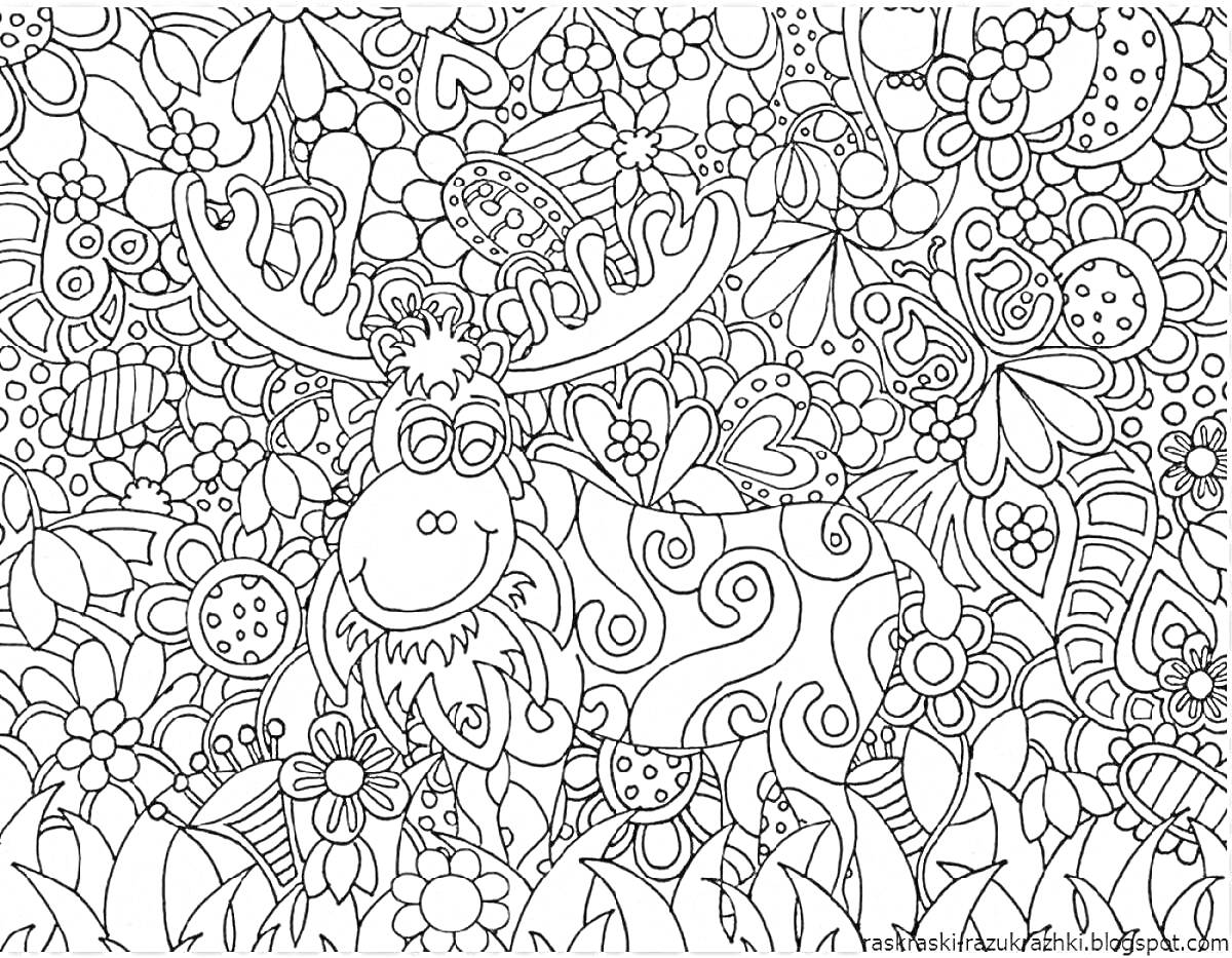 Раскраска Лось в цветочном саду с бабочками и жучками