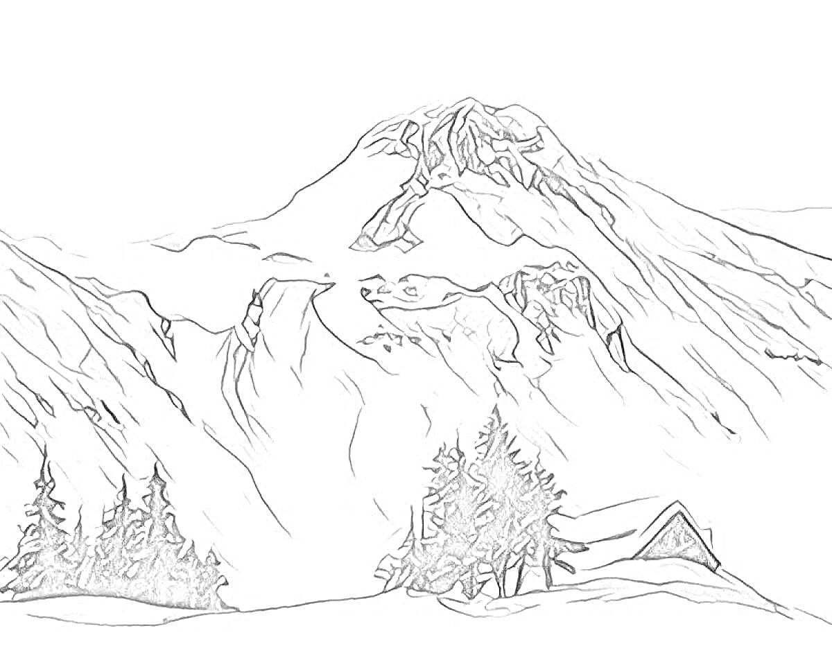 На раскраске изображено: Эльбрус, Домик, Деревья, Зима, Снег, Пейзаж, Природа, Вершины, Горы