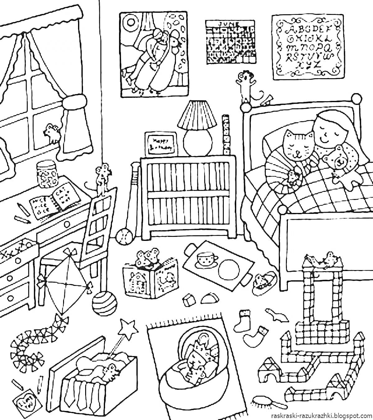Раскраска Игровая комната с кроватью, столом, шкафом, комодом, игрушками, детской кроваткой и предметами интерьера
