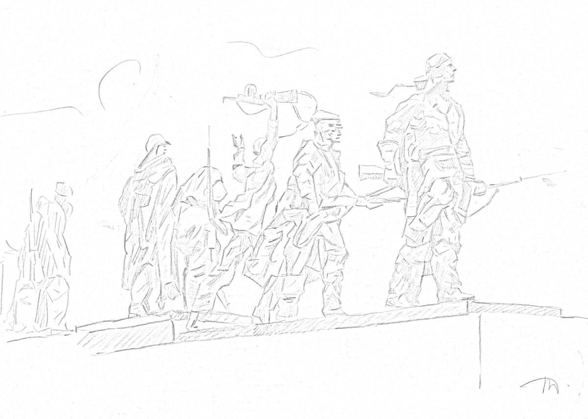 Раскраска Памятник героям защитникам Ленинграда, на рисунке изображены солдаты с оружием, знаменем, в военной форме