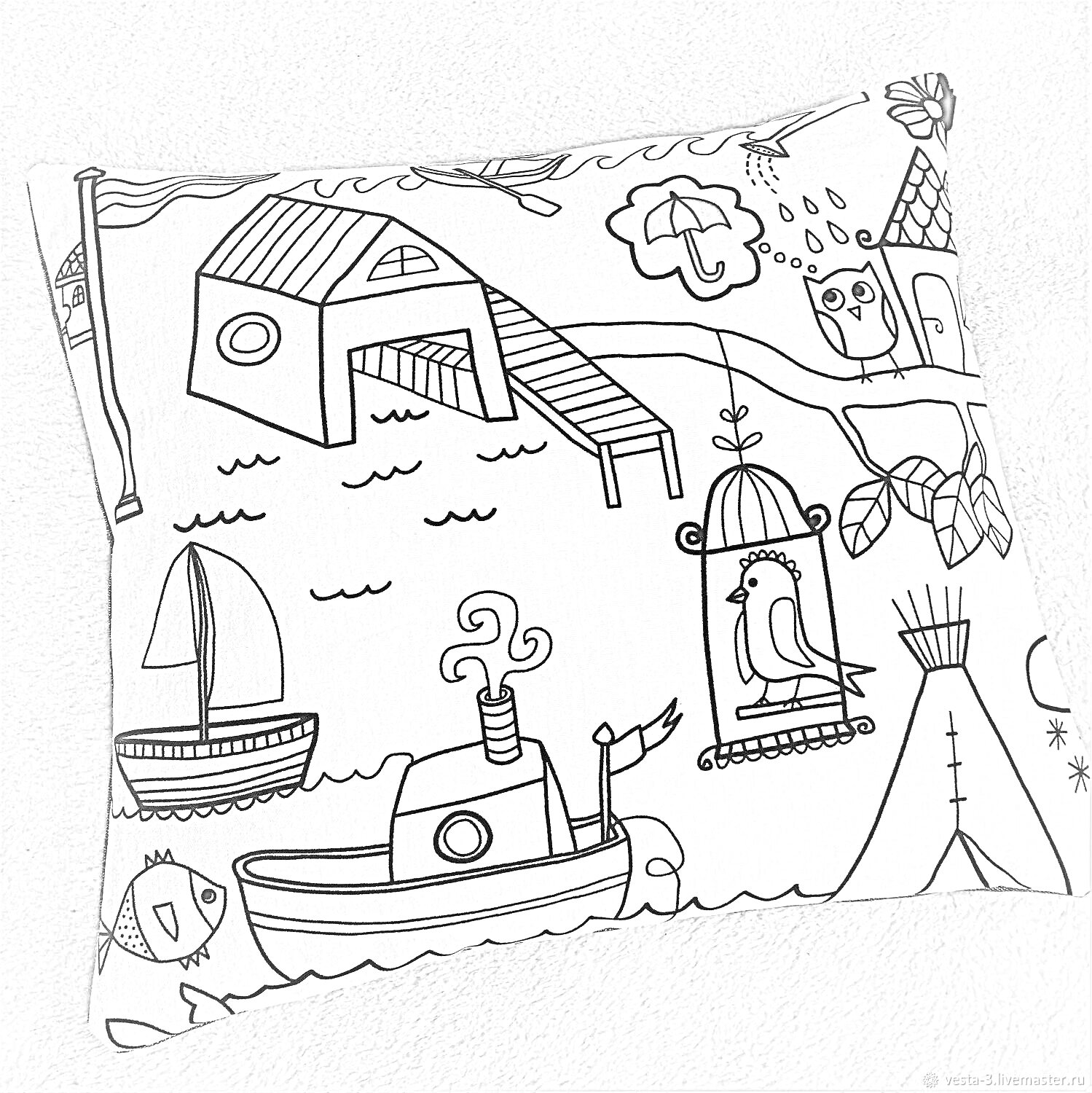 Раскраска наволочка с домиком у моря, парусником, рыбой, кораблем, клеткой с птицей, типи, совой и зонтиком