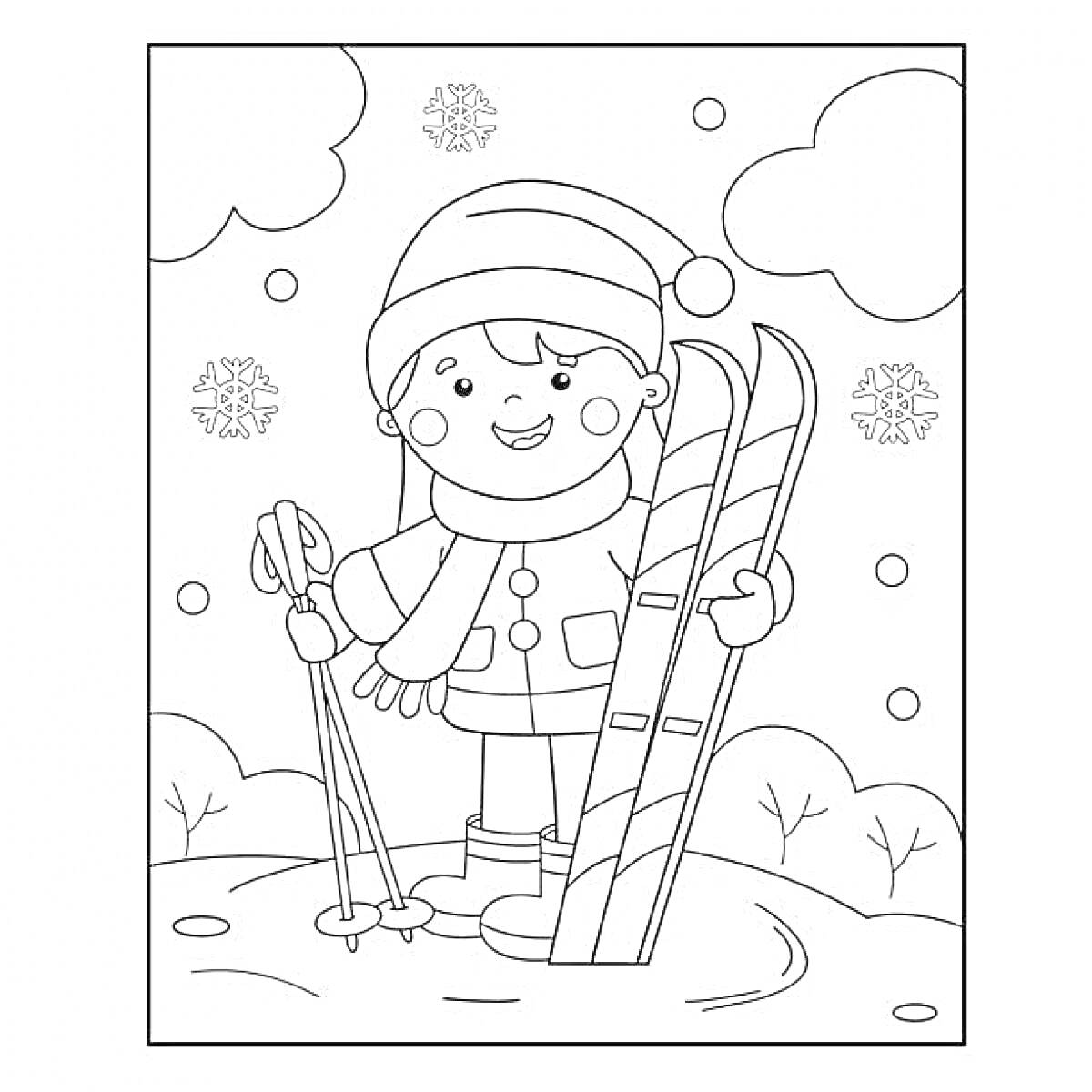 На раскраске изображено: Мальчик, Лыжи, Лыжные палки, Зима, Снег, Снежинки, Облака, Зимняя одежда