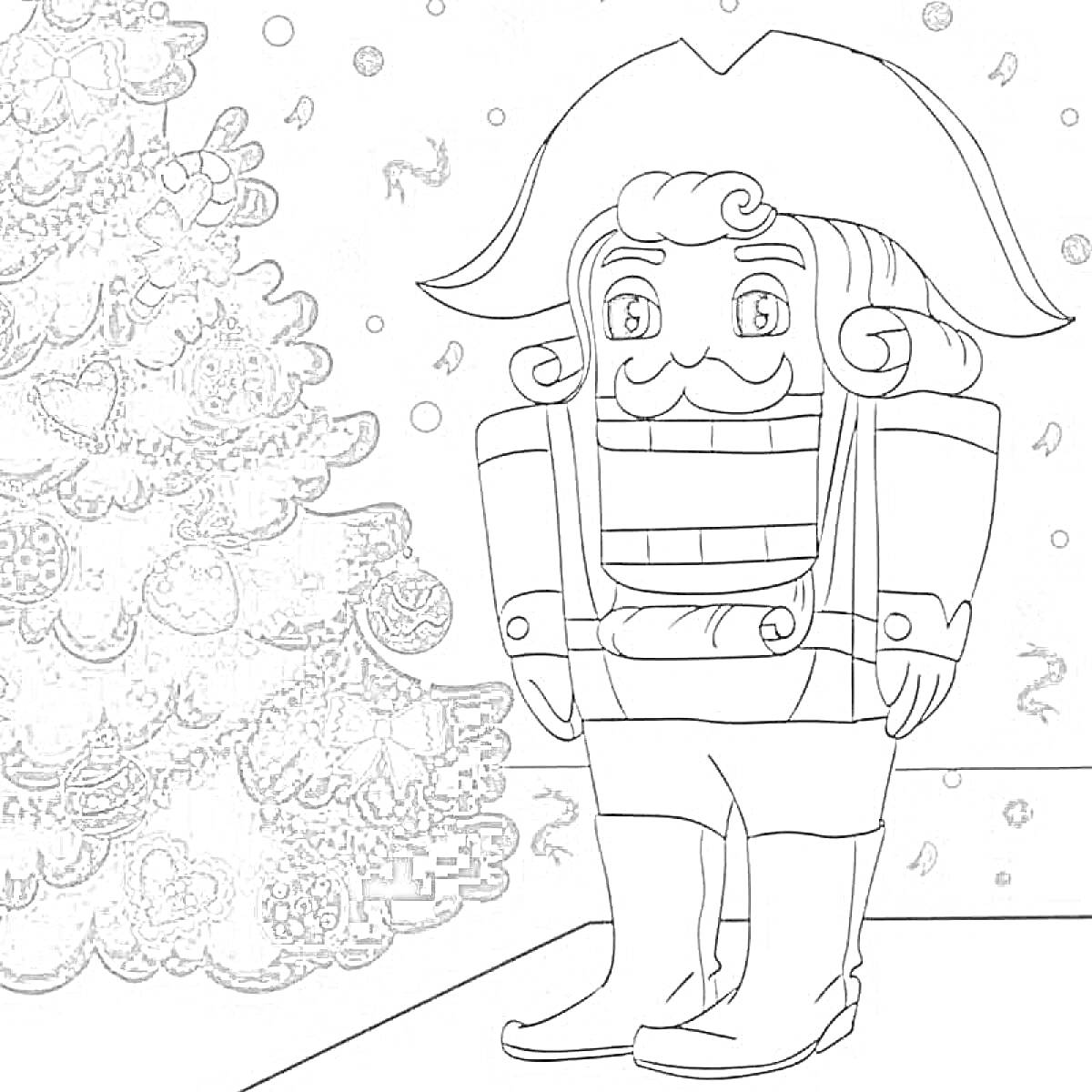 Раскраска Щелкунчик у новогодней елки