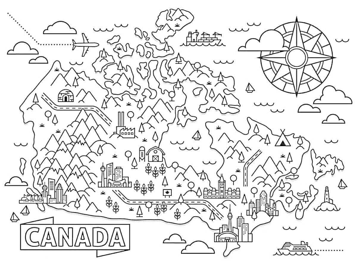 На раскраске изображено: Карта мира, Канада, Города, Горы, Церкви, Деревья, Компас, Шалаш, Облака, Веселье