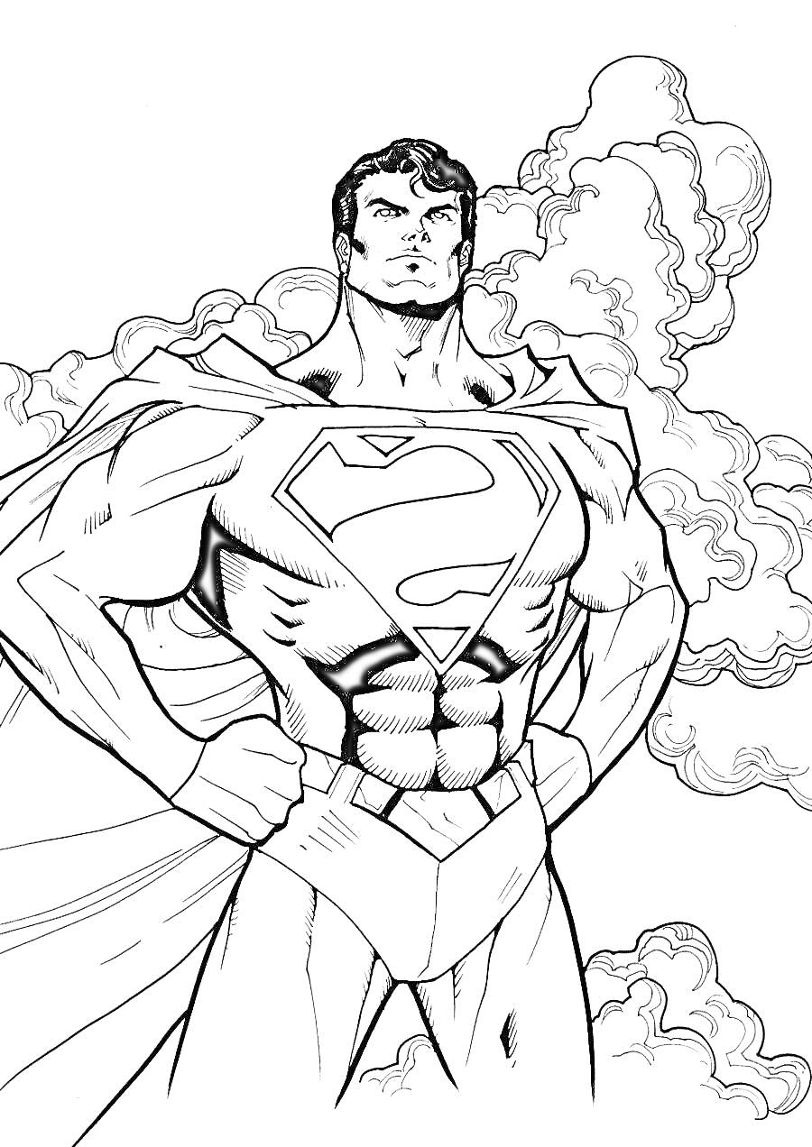 Супермен в позе супергероя на фоне облаков