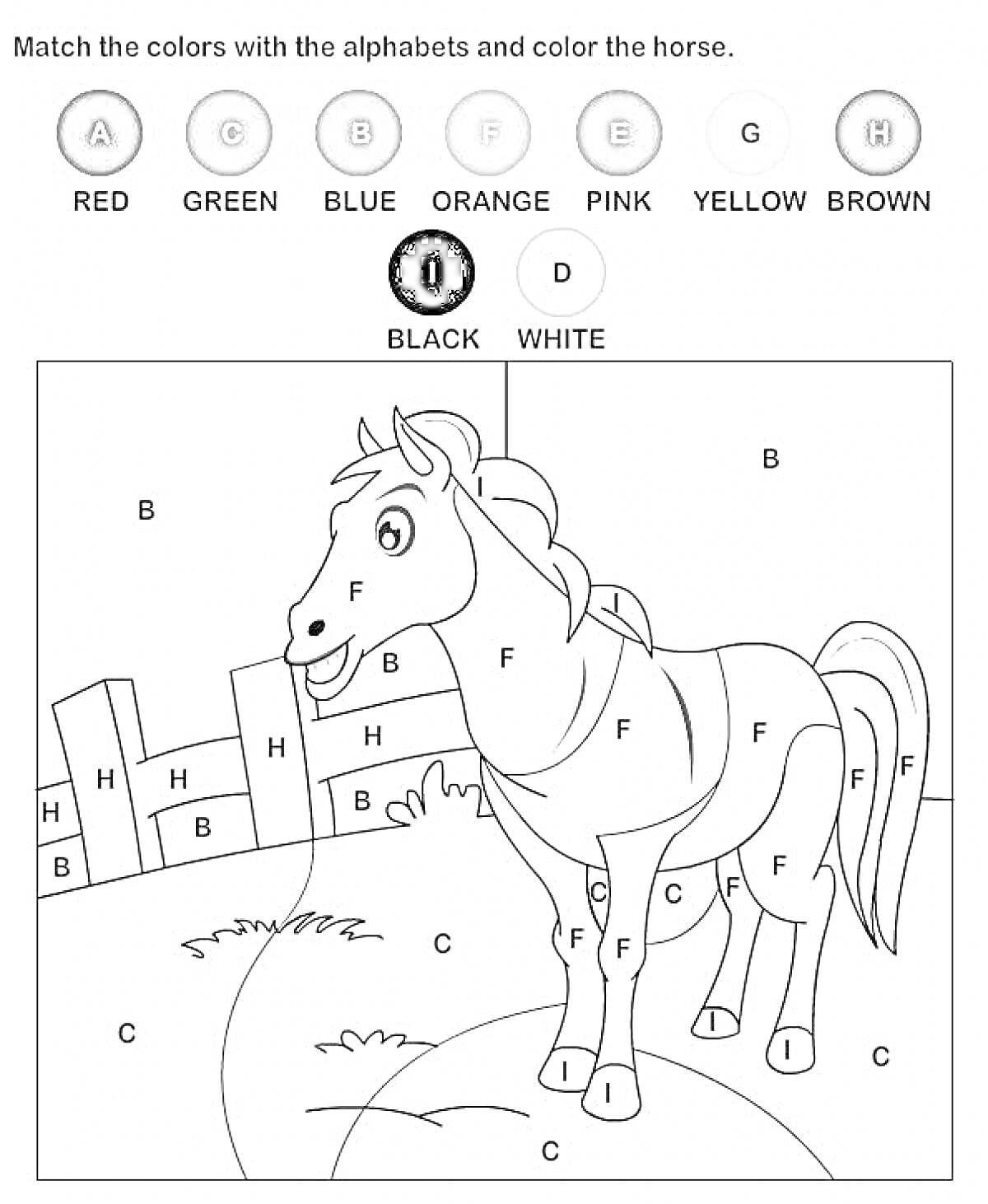 На раскраске изображено: Лошадь, Обучение, Забор, Поле, Алфавит, Для детей, Английский язык