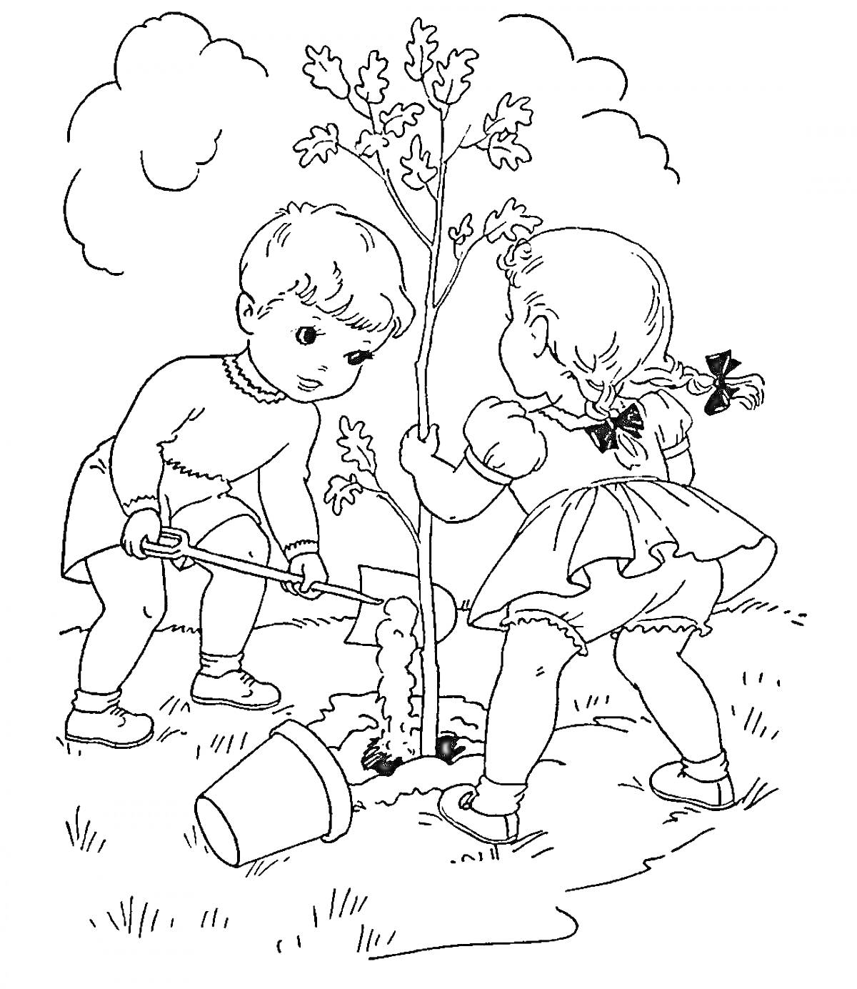 Раскраска Дети сажают дерево