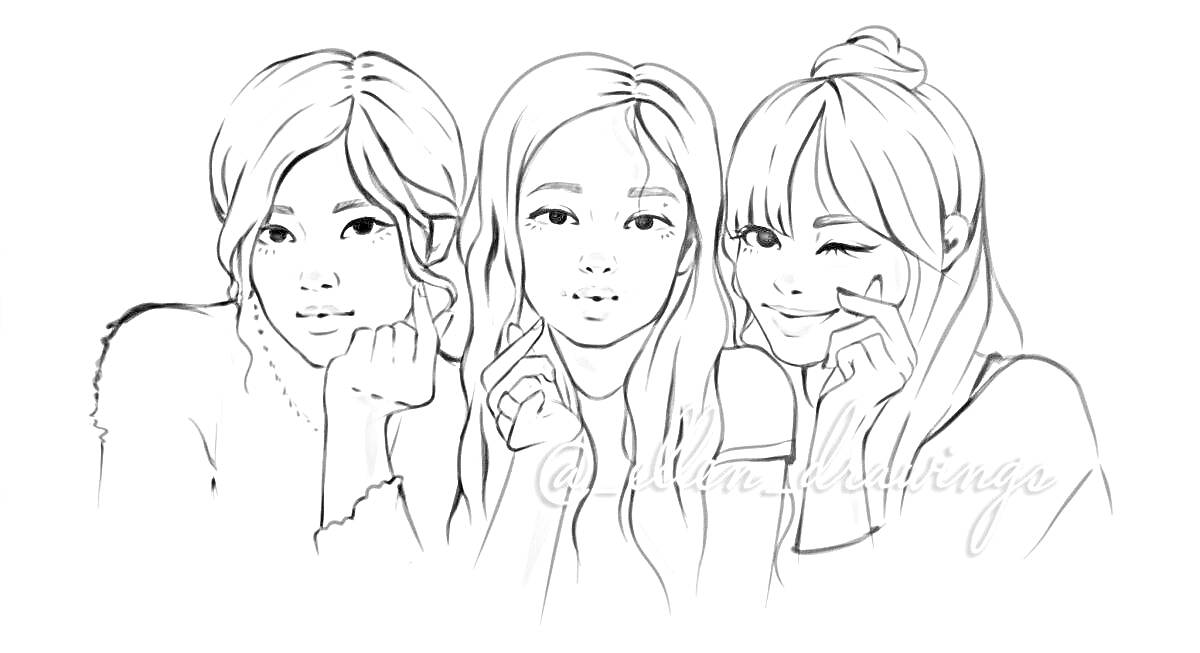 Раскраска Три девушки с длинными волосами; одна девушка опирает голову на руку, другая держит руку у лица, третья подмигивает и делает жест 