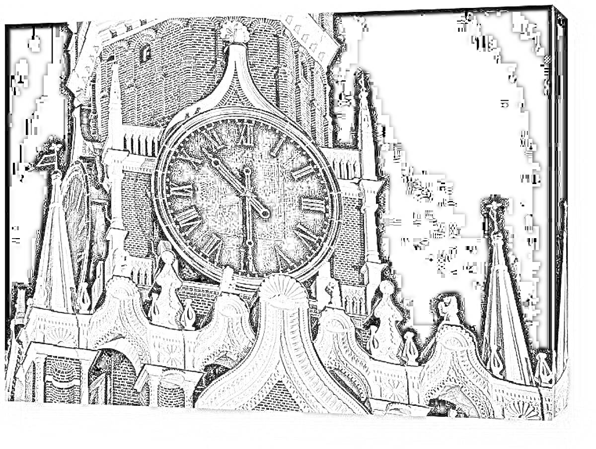 На раскраске изображено: Спасская башня, Кремль, Куранты, Москва, Часы, Ночь, Архитектура