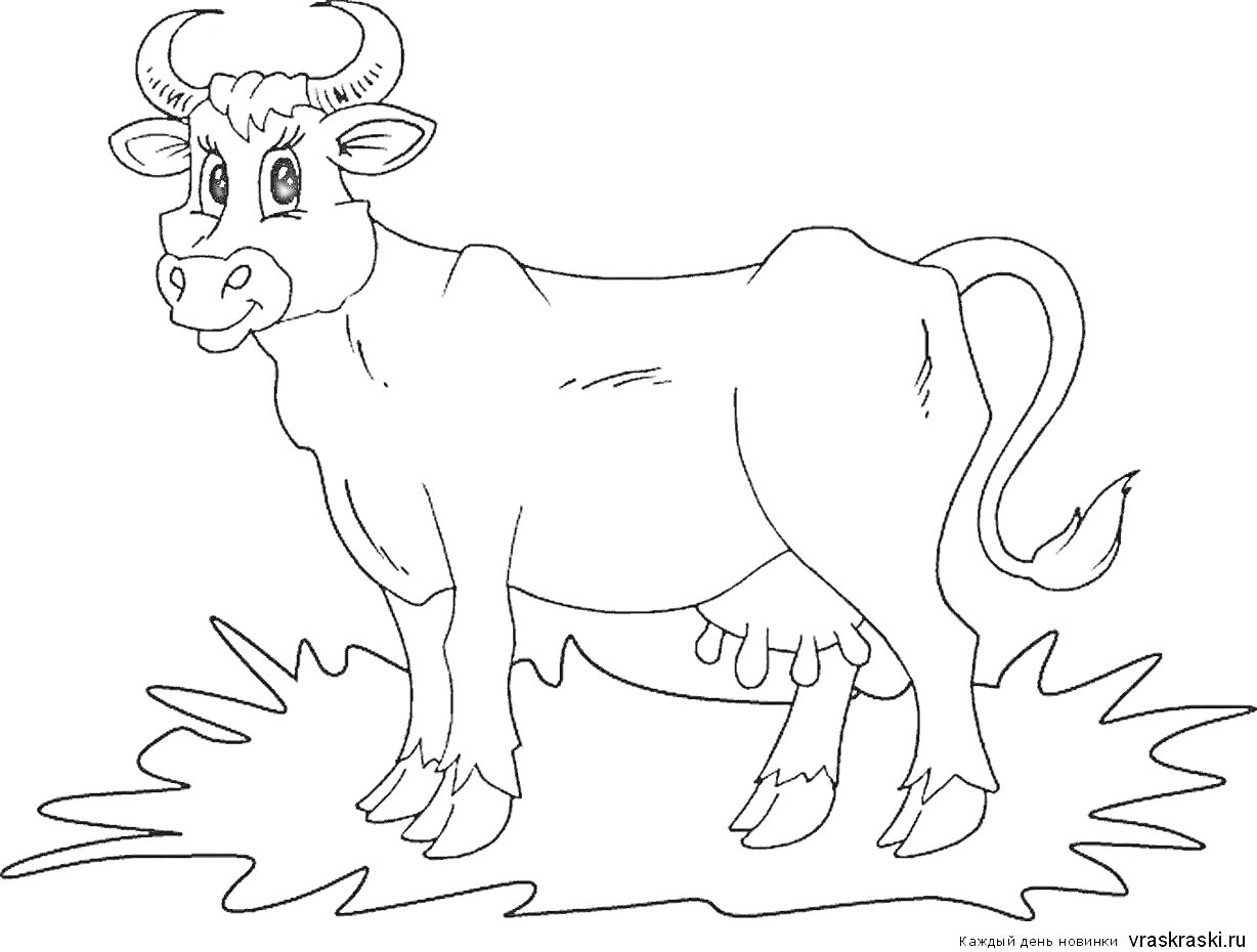 На раскраске изображено: Теленок, Домашние животные, Корова, Рога, Хвост, Копыта