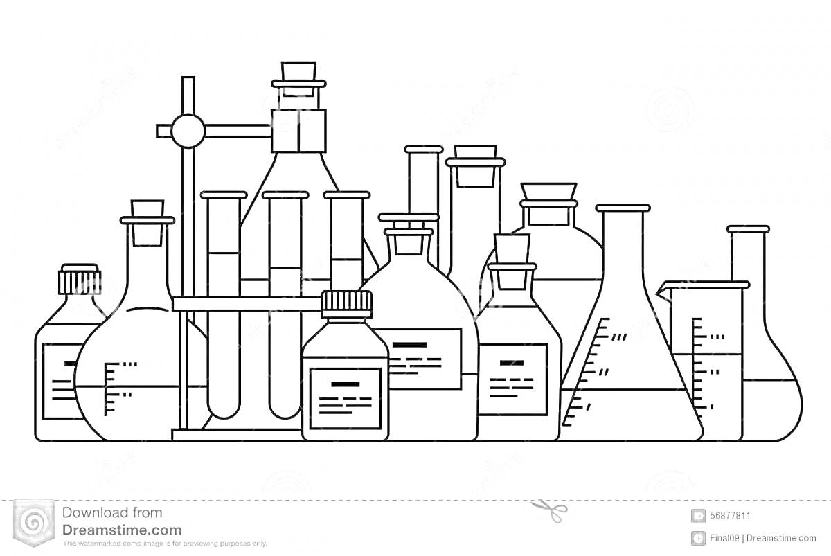 Раскраска Химическая лаборатория с пробирками, колбами, мензурками и склянками с этикетками