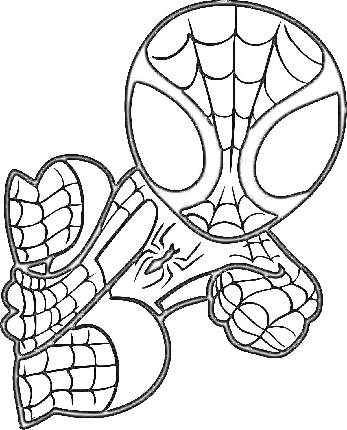 Раскраска Чиби Спайдермен в прыжке с паутиной на костюме