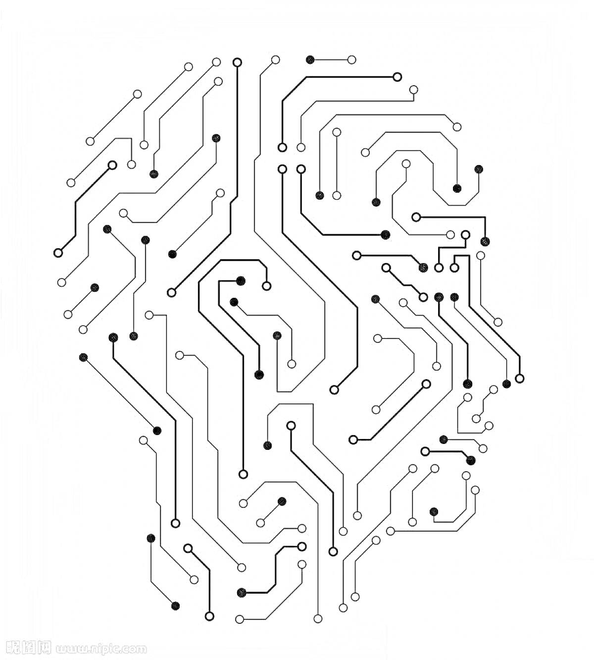 Раскраска Схематическое изображение профиля человека с видом печатной платы, состоящей из черных линий и точек