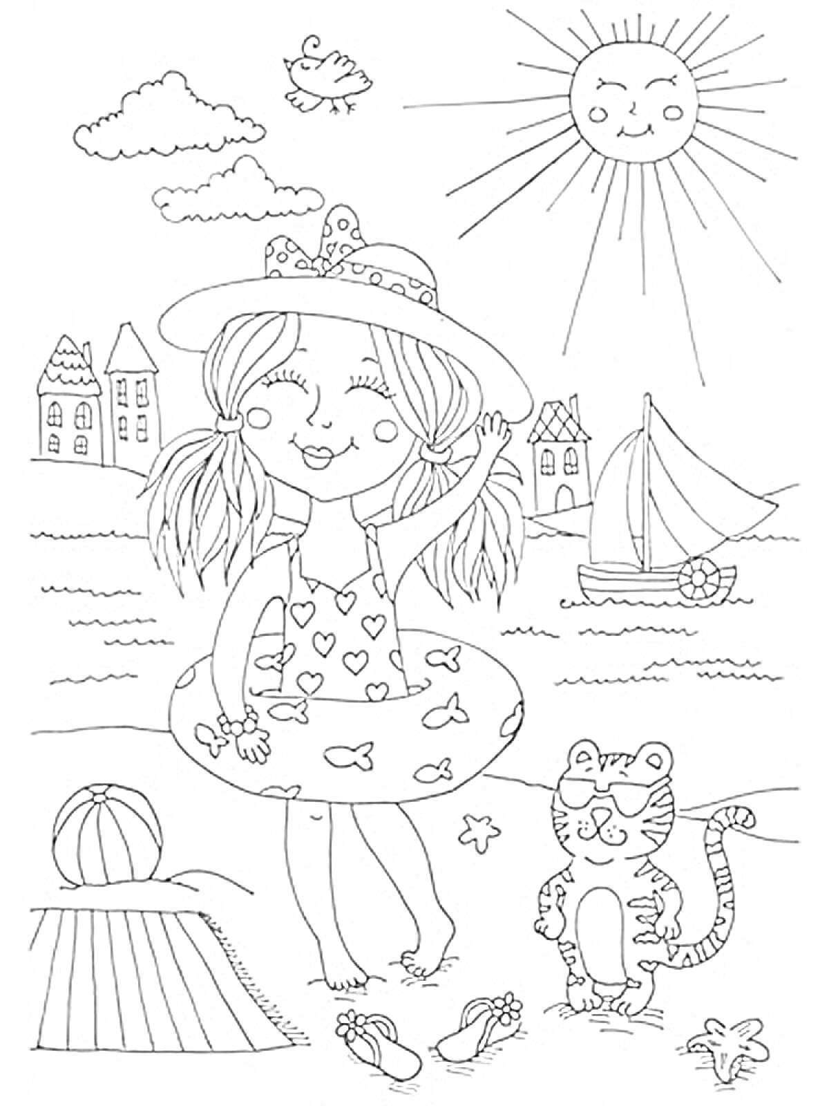 Раскраска Девочка на пляже с котом, корабликом и солнцем