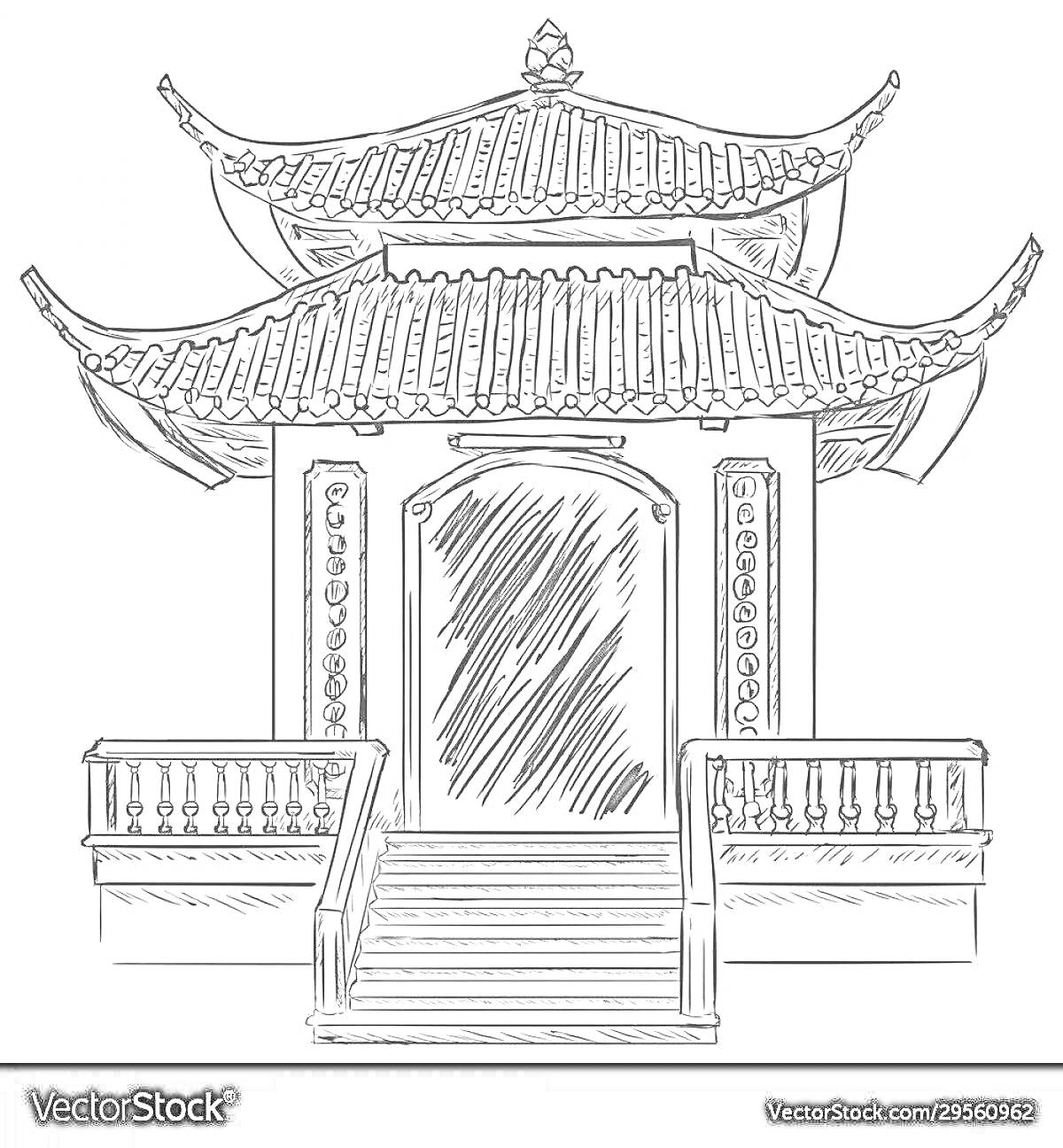 На раскраске изображено: Японский дом, Балкон, Ступени, Традиционная архитектура, Азия, Карандашный набросок