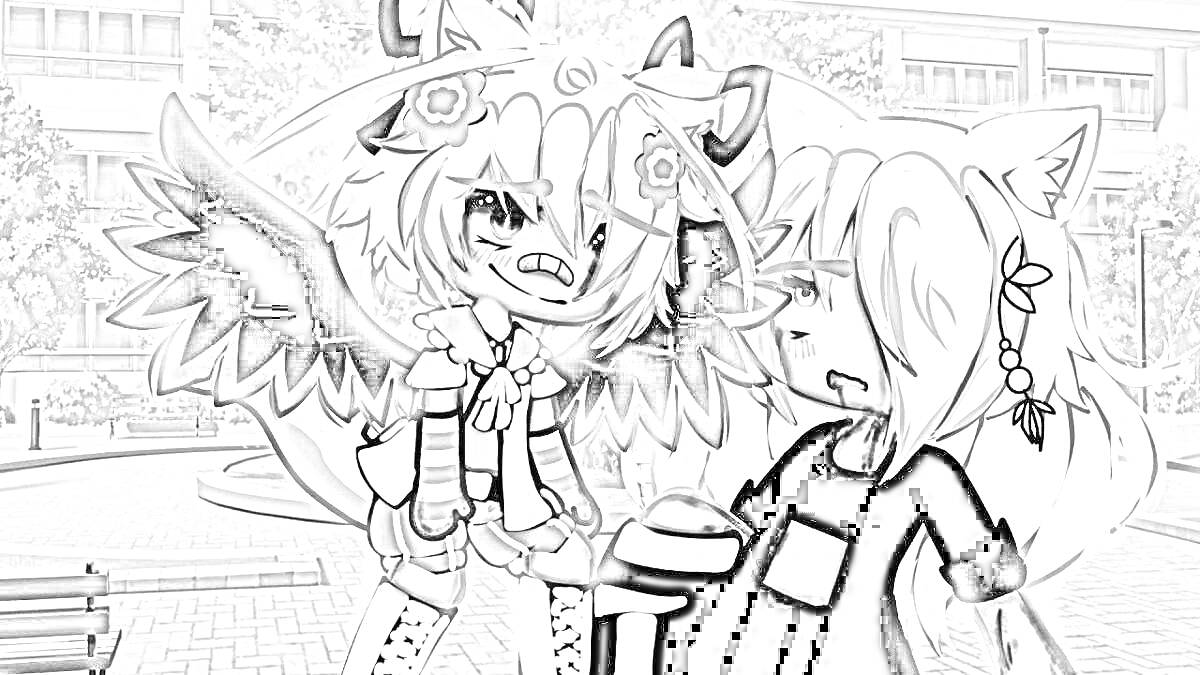 Раскраска Две аниме-девочки с рогами и кошачьими ушами с крыльями и розовыми волосами (одна черно-белая), на фоне школы и сада