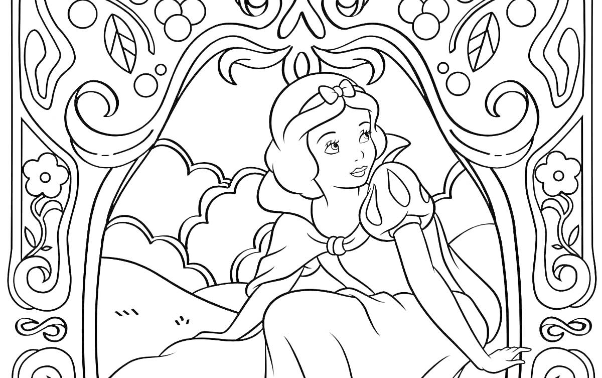 На раскраске изображено: Принцесса, Цветы, Декоративные элементы, Облака, Пейзаж, Рамки