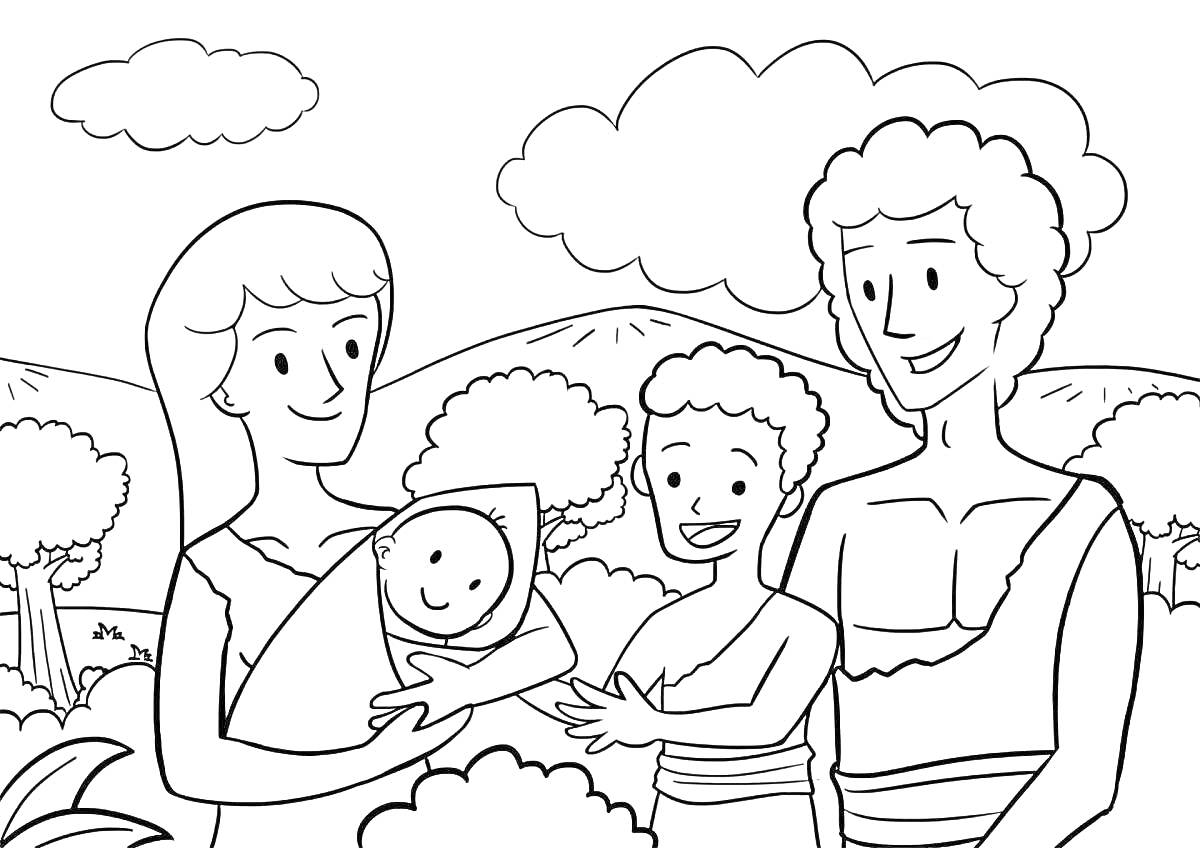 На раскраске изображено: Семья, Младенец, Мама, Папа, Природа, Деревья, Кусты, Холмы, Семейный портрет, Для детей
