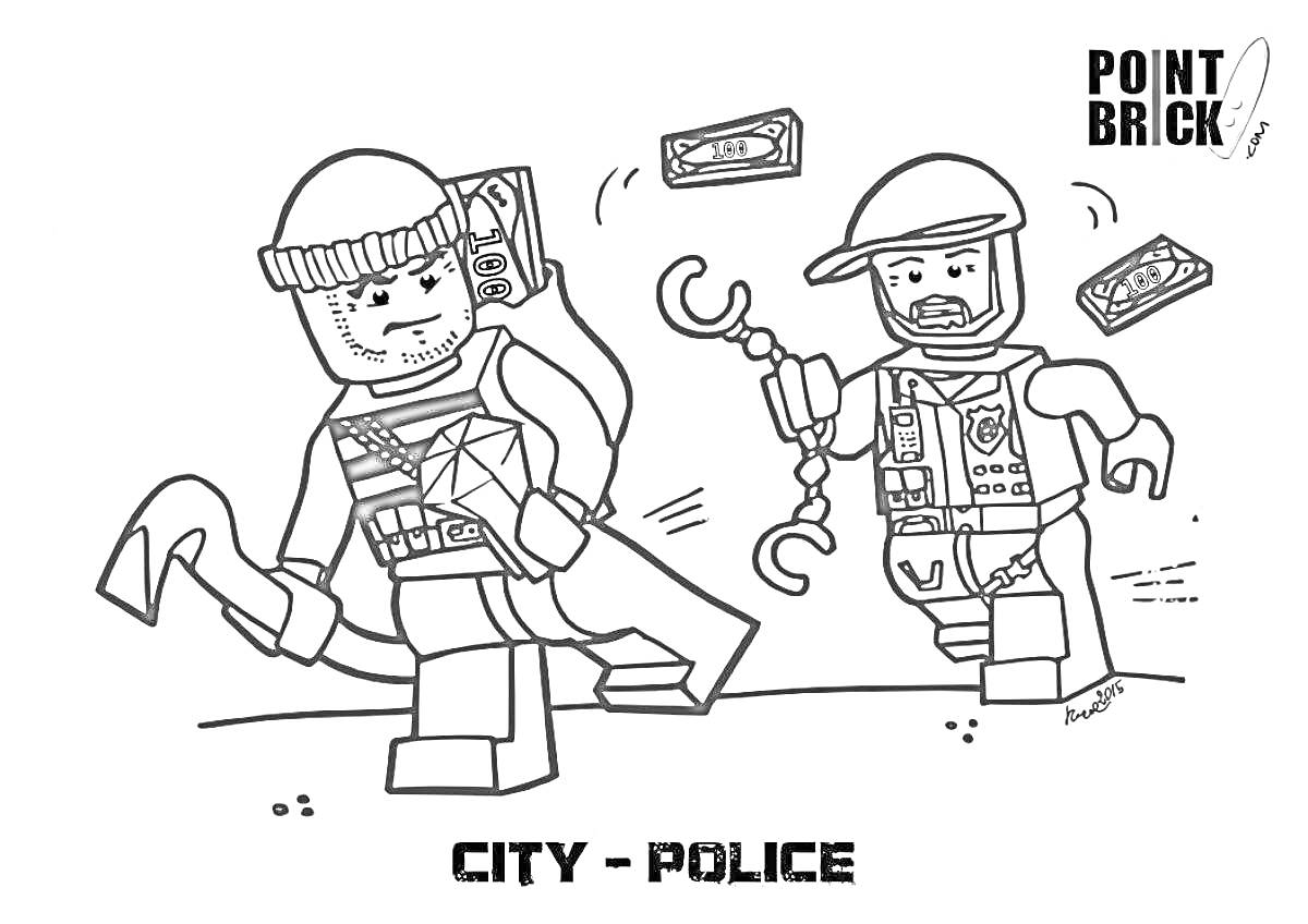 На раскраске изображено: Лего, Полиция, Грабитель, Погоня, Кража, Лом, Бриллиант, Игрушки