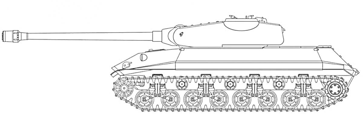 Раскраска Танк ИС-7 — вид сбоку с видимыми деталями корпуса, башни и гусениц